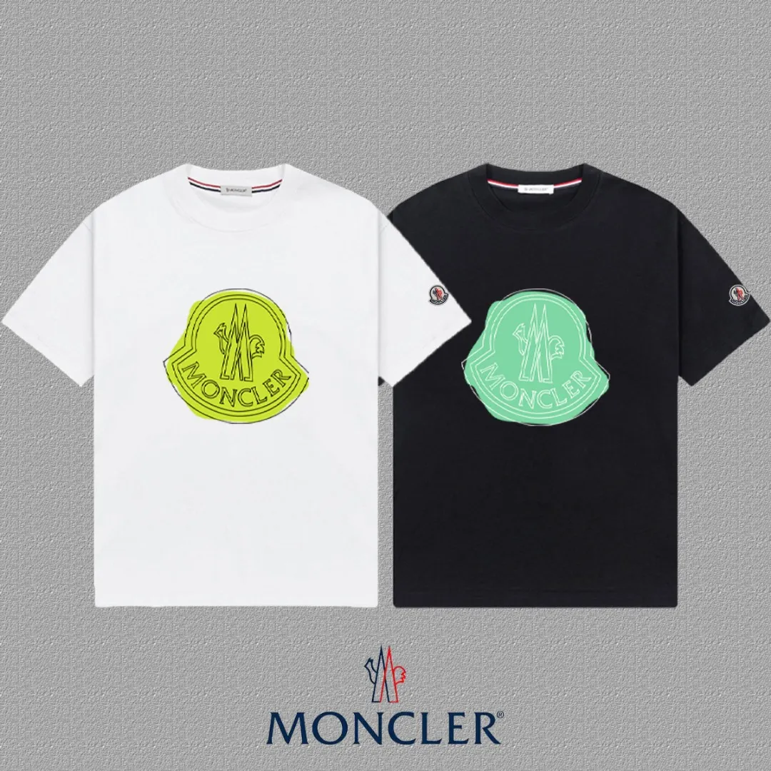 P140 🔥 [MONCLER] 2025FW short-sleeved T-shirt LOGO printing, high-end 26s double yarn 300g fabric, heavy fabric, custom stretcher rib, same vat and dye, complete three standards, same style for men and women, color: black, white, size: S M L XL 2XL