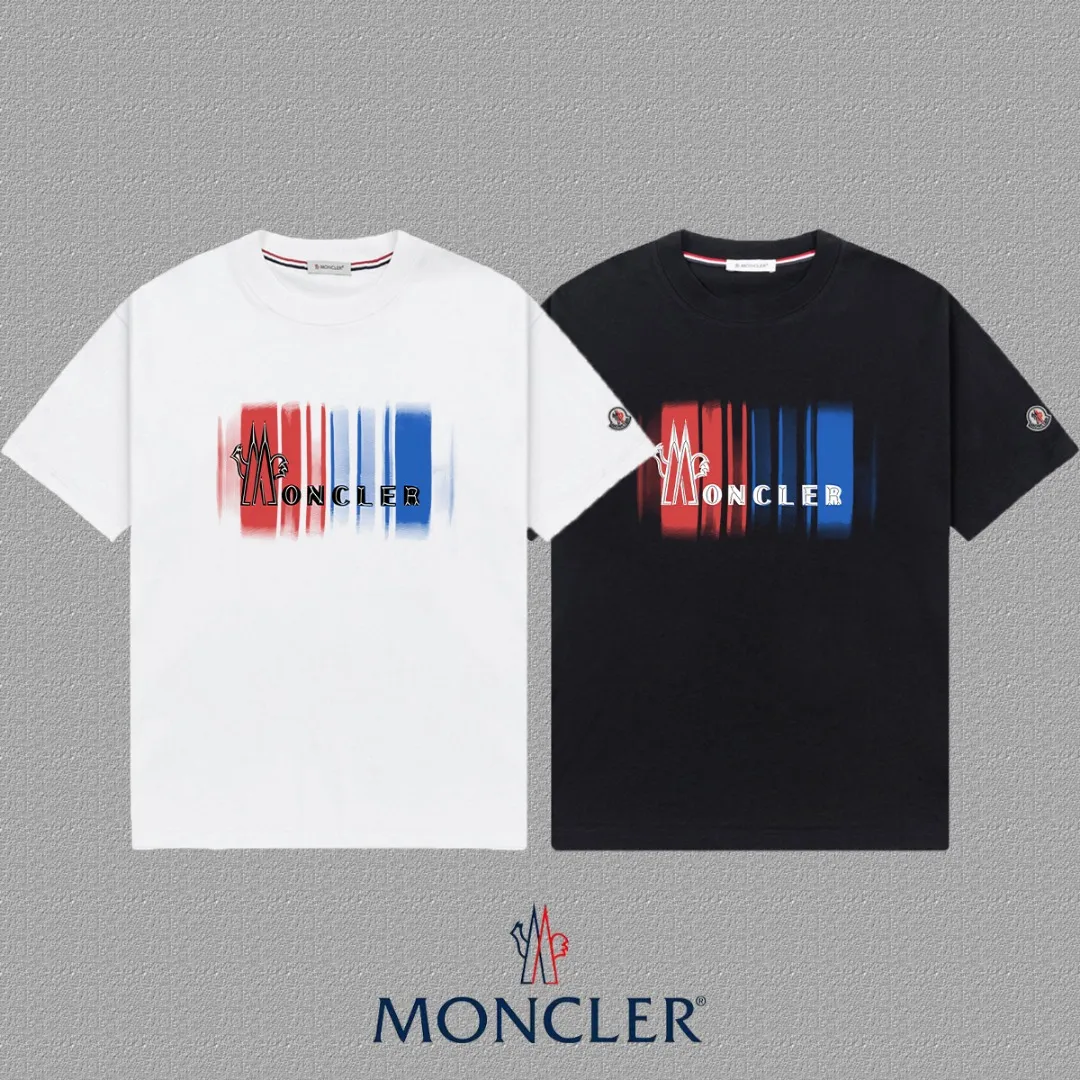 P140 [MONCLER] 2025FW short-sleeved T-shirt with badge + LOGO, high-end 26s double yarn 300g fabric, heavy fabric, custom stretcher rib, same cylinder and dye, complete three standards, same style for men and women, color: black, white, size: S M L XL 2XL