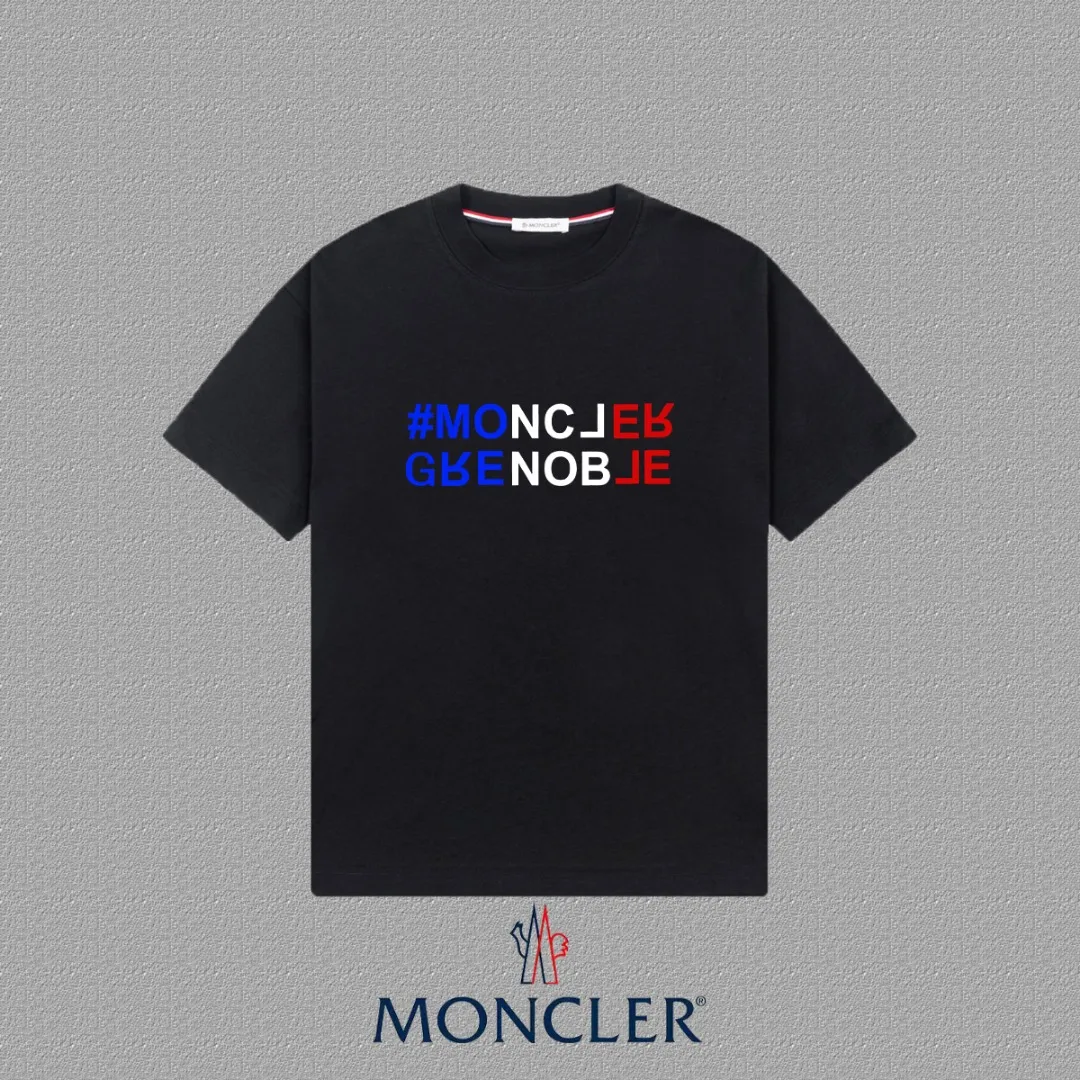 P140 [MONCLER] 2025FW short-sleeved T-shirt, LOGO printing, high-end 26s double yarn 300g fabric, heavy fabric, custom stretcher rib, same vat and dye, three standard complete, same style for men and women, color: black, white, size: S M L XL 2XL