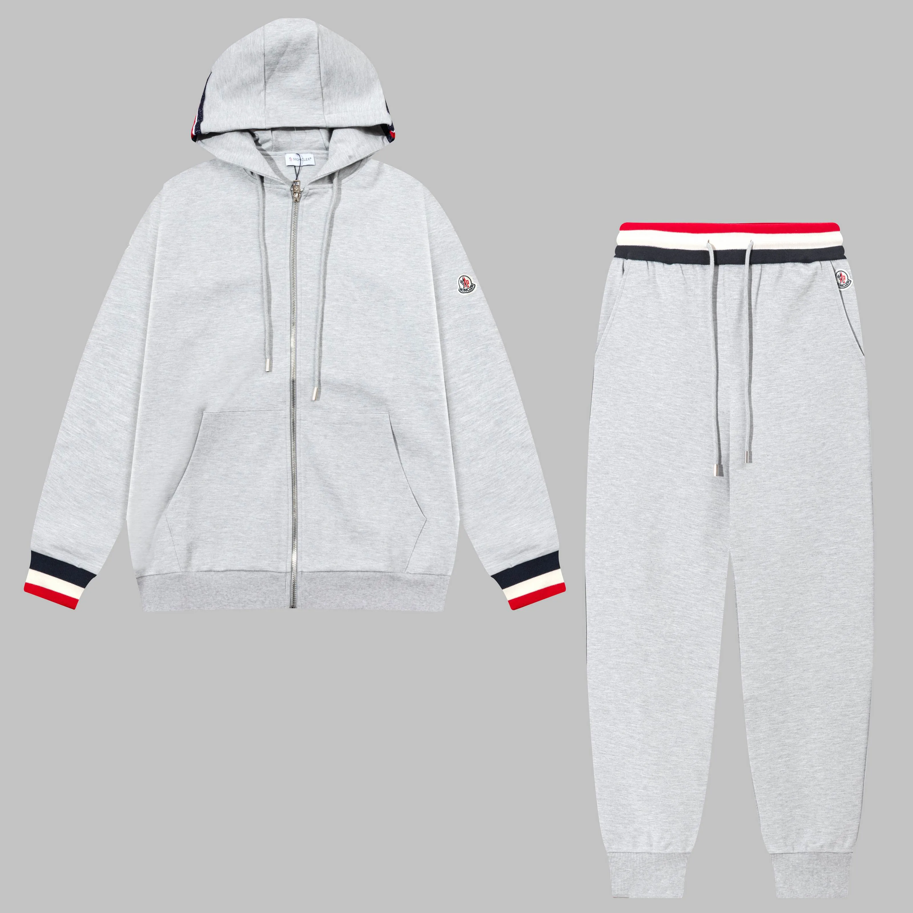 P270 MONCLER/Mask custom fabric suit casual sweatpants, simple arm brand LOGO small badge, threaded trousers technology, official synchronization, high version, high quality, fashionable personality, versatile trend, pure original quality, original fabric, tag, collar label, washed wheat, complete three standards, color: blue, gray. Size: S-2XL