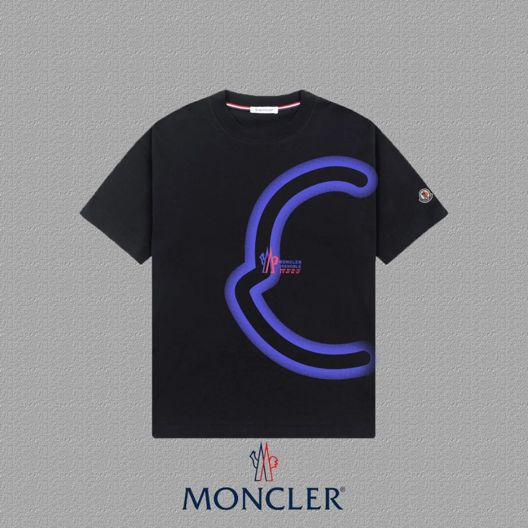P140 🔥[MONCLER] 2025FW short-sleeved T-shirt, badge + LOGO printing, high-end 26s double yarn 300g fabric, heavy fabric, custom stretcher rib, same vat and dye, complete three standards, same style for men and women, color: black, white, size: S M L XL 2XL