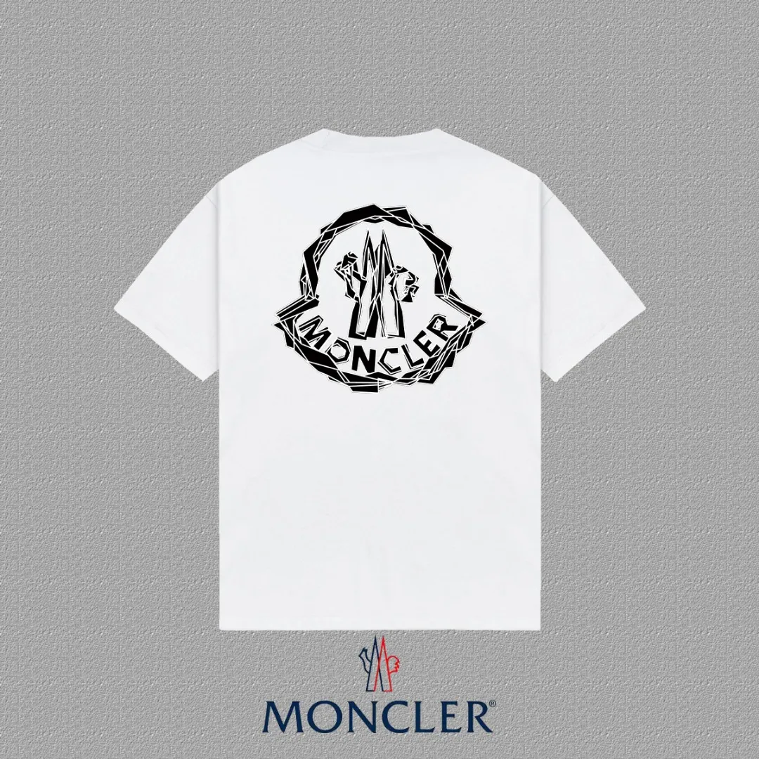 P140 [Moncler] 2025FW short-sleeved T-shirt LOGO printing, high-end 26s double yarn 300g fabric, heavy fabric, custom stretcher rib, same vat and dye, complete three standards, same style for men and women, color: black, white, size: S M L XL 2XL