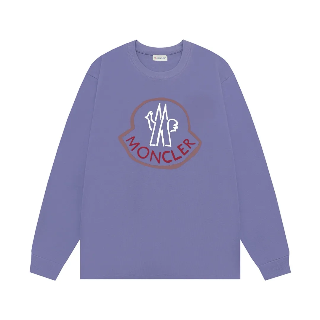 P180 Moncler 2025 new model, light luxury, classic printed letter logo, same style for men and women, long-sleeved T-shirt ·Customized 300g 100% double yarn pure cotton fabric ·Dyeing 32 counts double-strand thread ·Collar label, hangtag, main mark and three labels complete Color: Purple Size: XS S M L