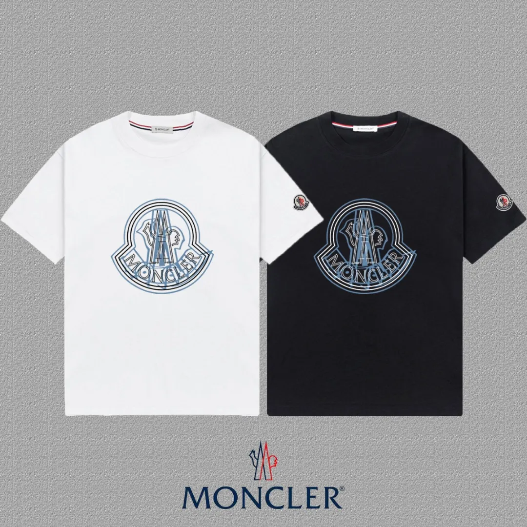 P140 🔥 [MONCLER] 2025FW short-sleeved T-shirt LOGO printing, high-end 26s double yarn 300g fabric, heavy fabric, custom stretcher rib, same vat and dye, complete three standards, same style for men and women, color: black, white, size: S M L XL 2XL