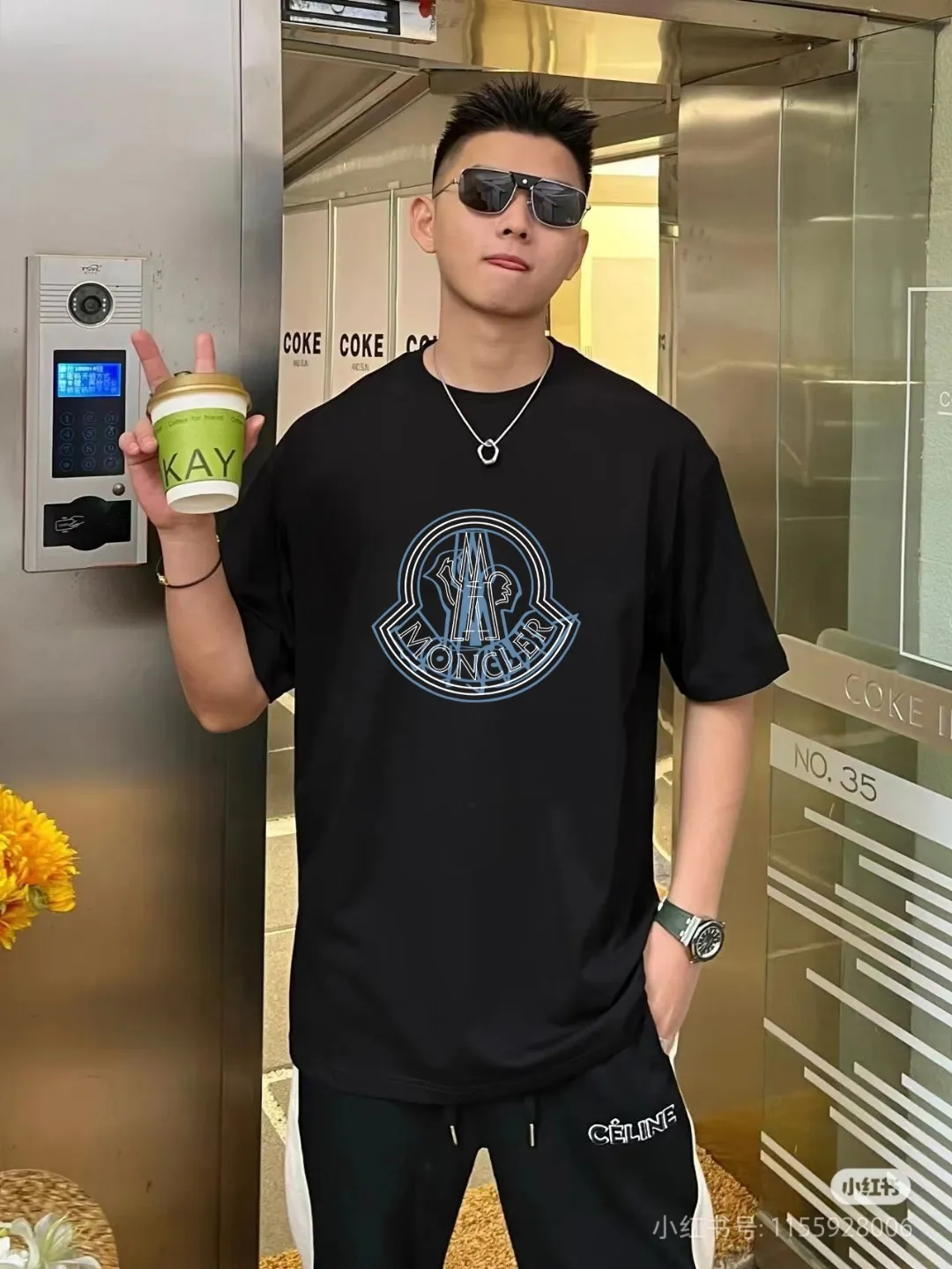 P140 🔥 [MONCLER] 2025FW short-sleeved T-shirt LOGO printing, high-end 26s double yarn 300g fabric, heavy fabric, custom stretcher rib, same vat and dye, complete three standards, same style for men and women, color: black, white, size: S M L XL 2XL