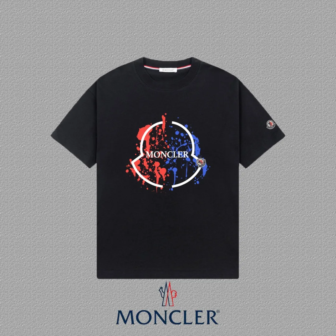P140 [MONCLER] 2025FW short-sleeved T-shirt with badge + LOGO, high-end 26s double yarn 300g fabric, heavy fabric, custom stretcher rib, same cylinder and dye, complete three standards, same style for men and women, color: black, white, size: S M L XL 2XL
