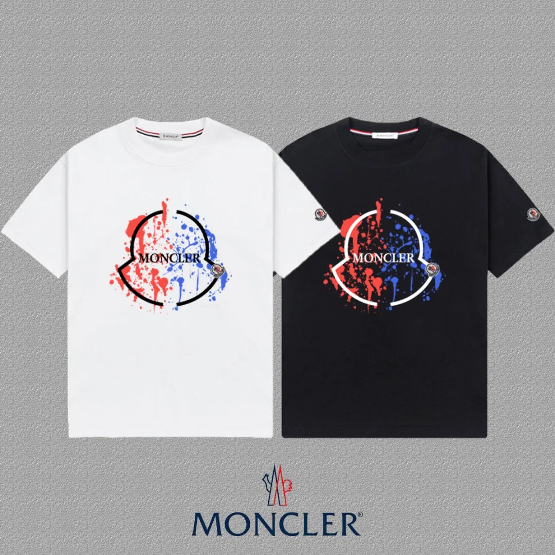 P140 [MONCLER] 2025FW short-sleeved T-shirt with badge + LOGO, high-end 26s double yarn 300g fabric, heavy fabric, custom stretcher rib, same cylinder and dye, complete three standards, same style for men and women, color: black, white, size: S M L XL 2XL
