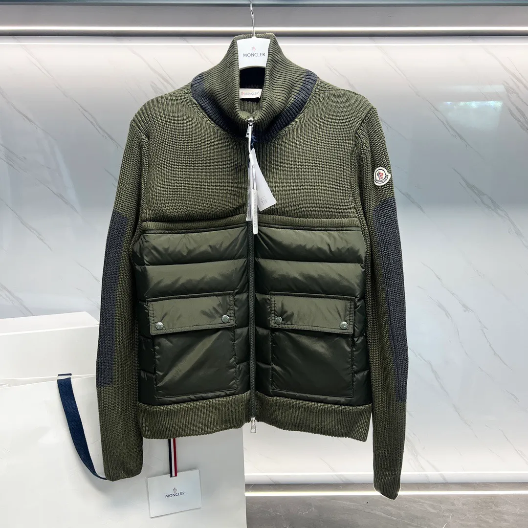 P680 Guangzhou high version Moncler Moncler knitted down solid color connecting zipper double pocket jacket thin coat black military green S M L XL