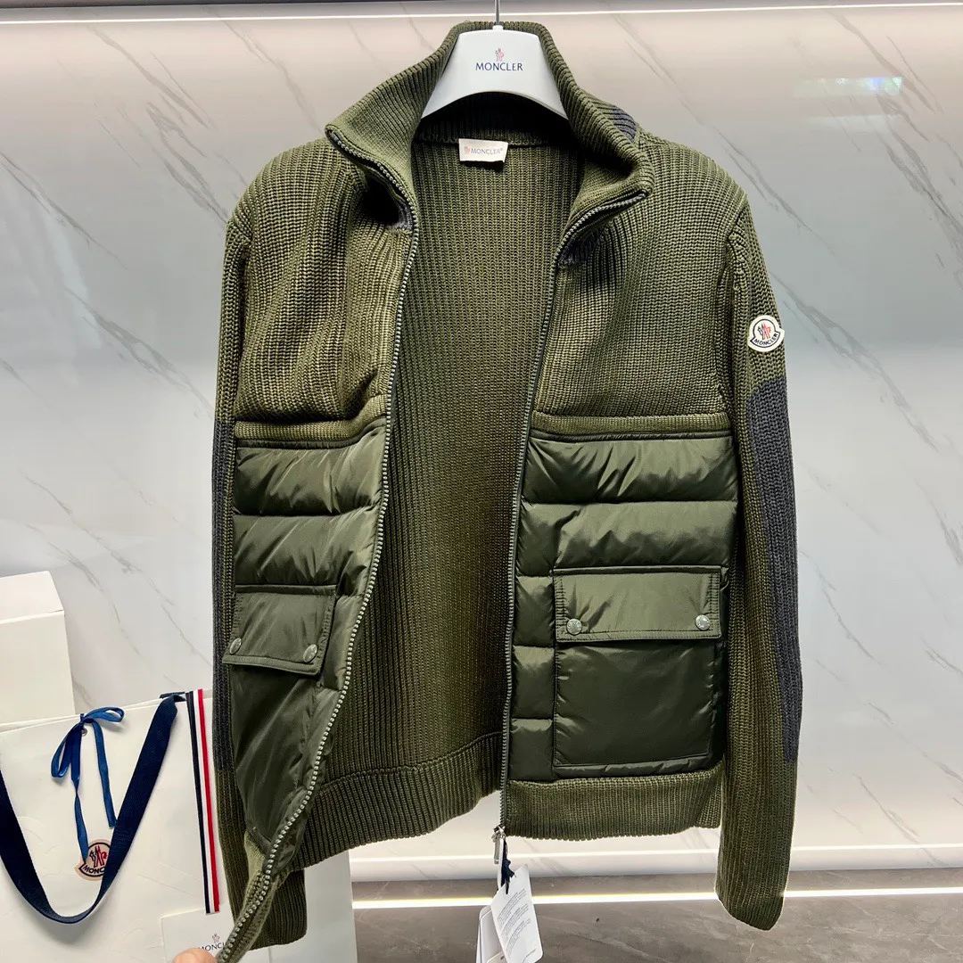 P680 Guangzhou high version Moncler Moncler knitted down solid color connecting zipper double pocket jacket thin coat black military green S M L XL