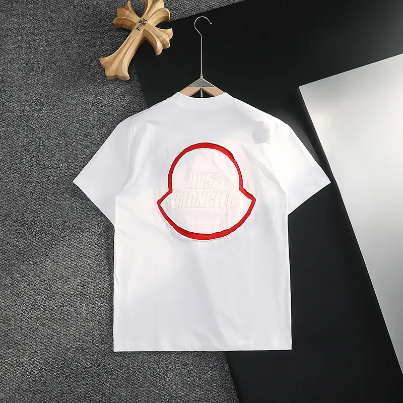P170 MONCLER 2025 spring and summer new model, trendy hollow patch embroidery, round neck short-sleeved T-shirt, fashionable men and women, S M L XL XXL five sizes black white