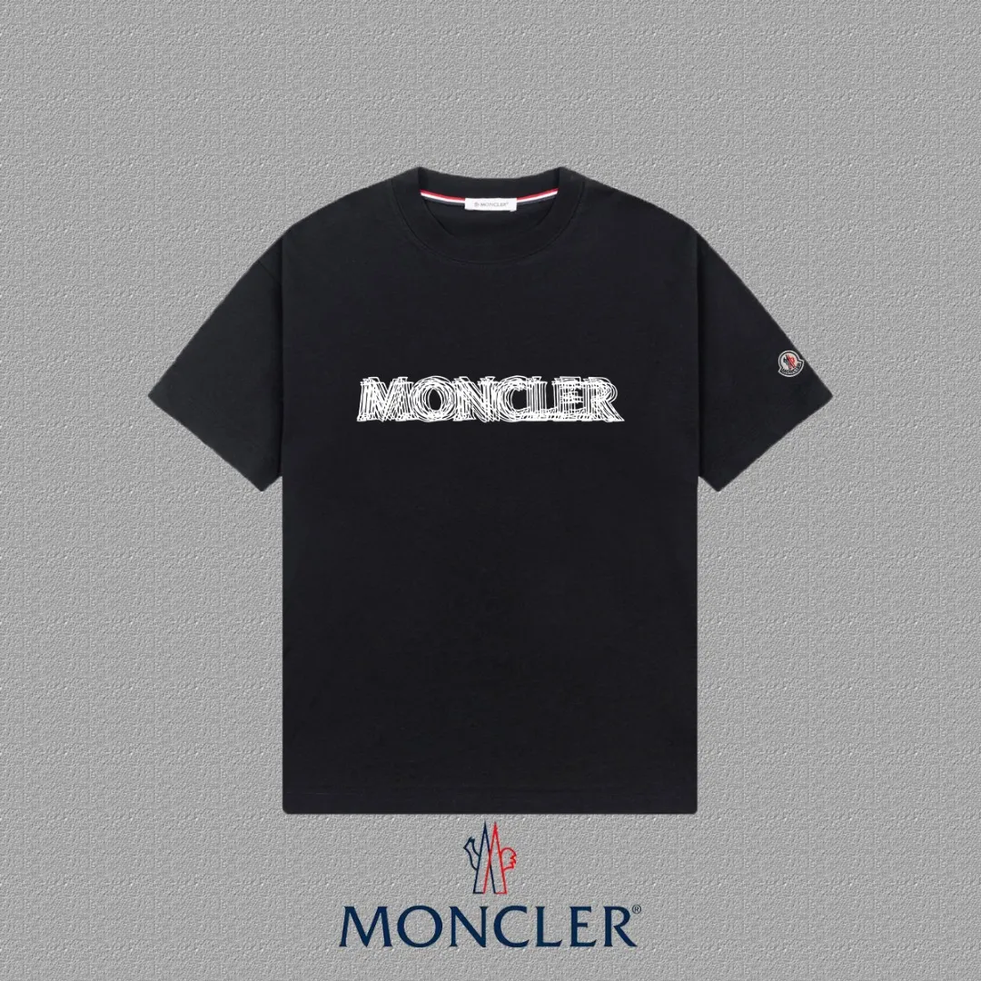 P140 [MONCLER] 2025FW short-sleeved T-shirt badge + ghost LOGO, high-end 26s double yarn 300g fabric, heavy fabric, custom stretcher rib, same cylinder and dye, complete three standards, same style for men and women, color: black, white, size: S M L XL 2XL