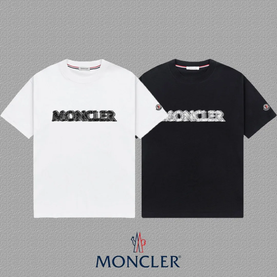 P140 [MONCLER] 2025FW short-sleeved T-shirt badge + ghost LOGO, high-end 26s double yarn 300g fabric, heavy fabric, custom stretcher rib, same cylinder and dye, complete three standards, same style for men and women, color: black, white, size: S M L XL 2XL