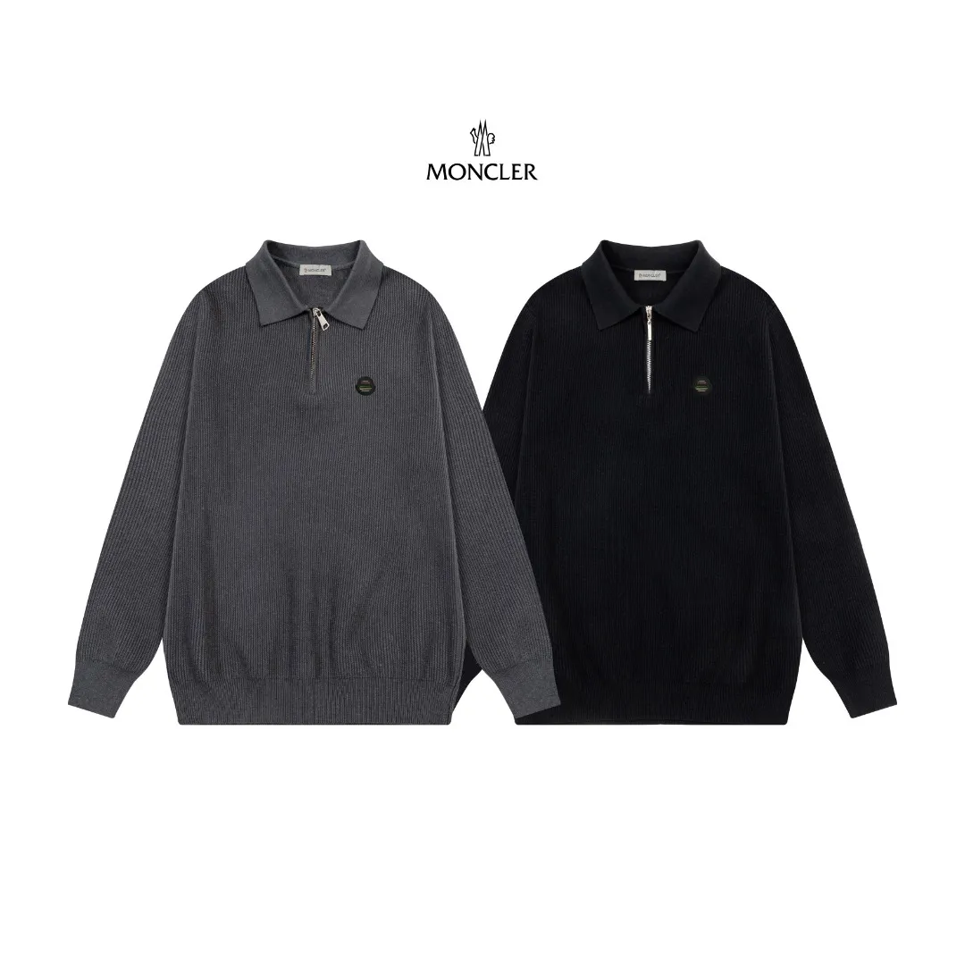 P250 Moncler masked zipper lapel sweater, the latest 2025 casual Polo wool sweater.  The texture is delicate, soft and comfortable, skin-friendly and warm, not easy to deform, simple and high-end style, and the logo on the chest is very exquisite and perfect! The upper body effect is very strong 👍 Color: black, gray Size: S-XL