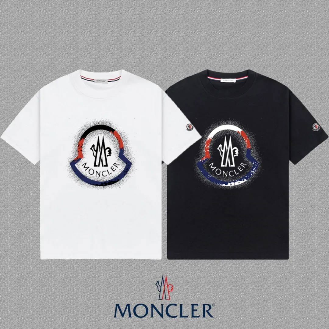 P140 🔥 [MONCLER] 2025FW short-sleeved T-shirt with badge + LOGO, high-end 26s double yarn 300g fabric, heavy fabric, custom stretcher rib, same vat and dye, complete three standards, same style for men and women, color: black, white, size: S M L XL 2XL