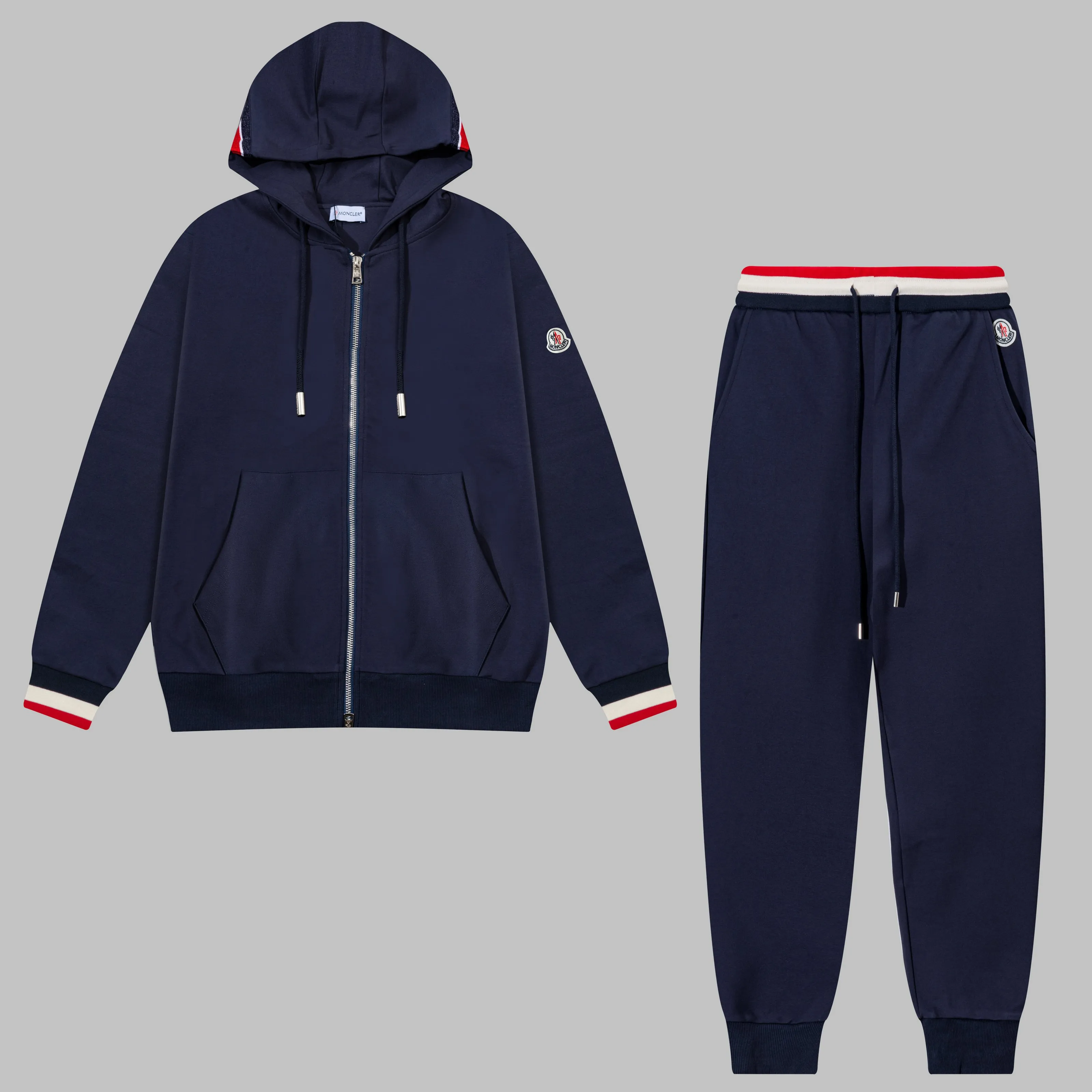 P270 MONCLER/Mask custom fabric suit casual sweatpants, simple arm brand LOGO small badge, threaded trousers technology, official synchronization, high version, high quality, fashionable personality, versatile trend, pure original quality, original fabric, tag, collar label, washed wheat, complete three standards, color: blue, gray. Size: S-2XL