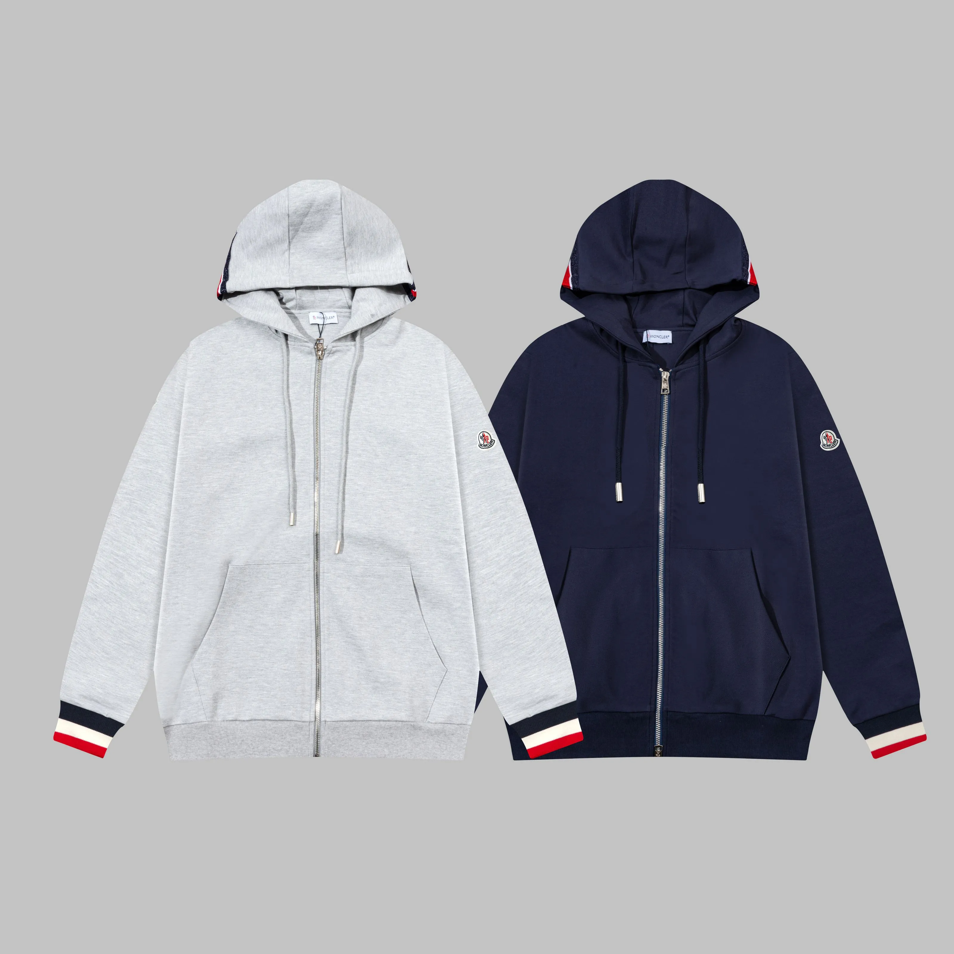 P270 MONCLER/Mask custom fabric suit casual sweatpants, simple arm brand LOGO small badge, threaded trousers technology, official synchronization, high version, high quality, fashionable personality, versatile trend, pure original quality, original fabric, tag, collar label, washed wheat, complete three standards, color: blue, gray. Size: S-2XL