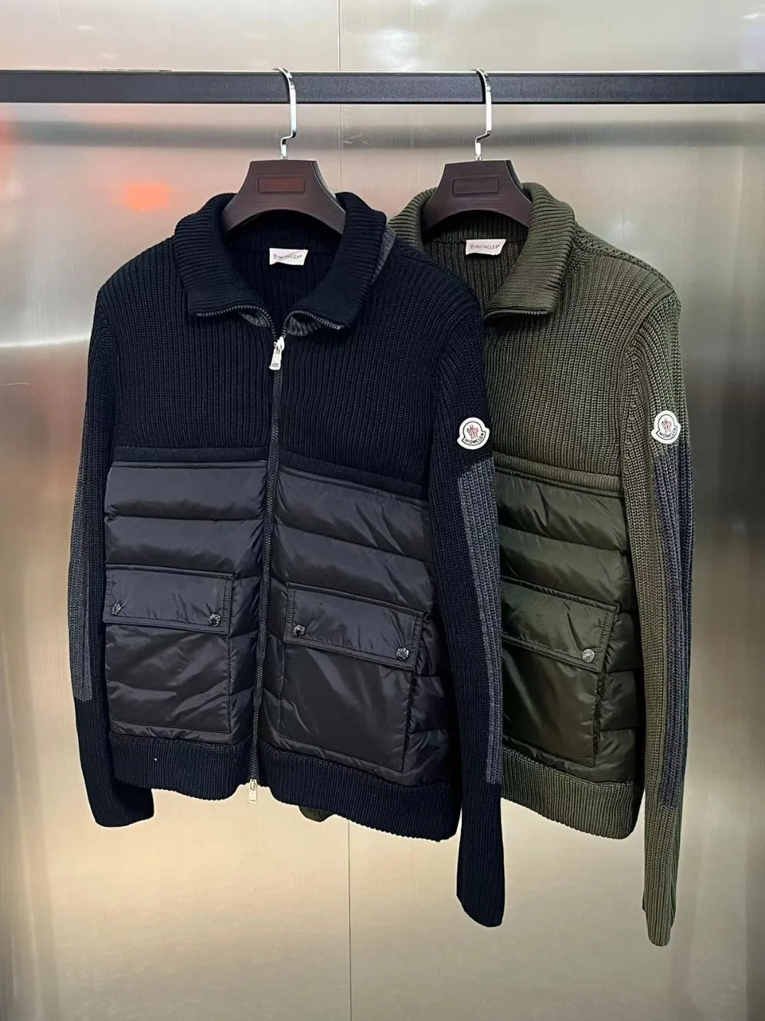 P680 Guangzhou high version Moncler Moncler knitted down solid color connecting zipper double pocket jacket thin coat black military green S M L XL
