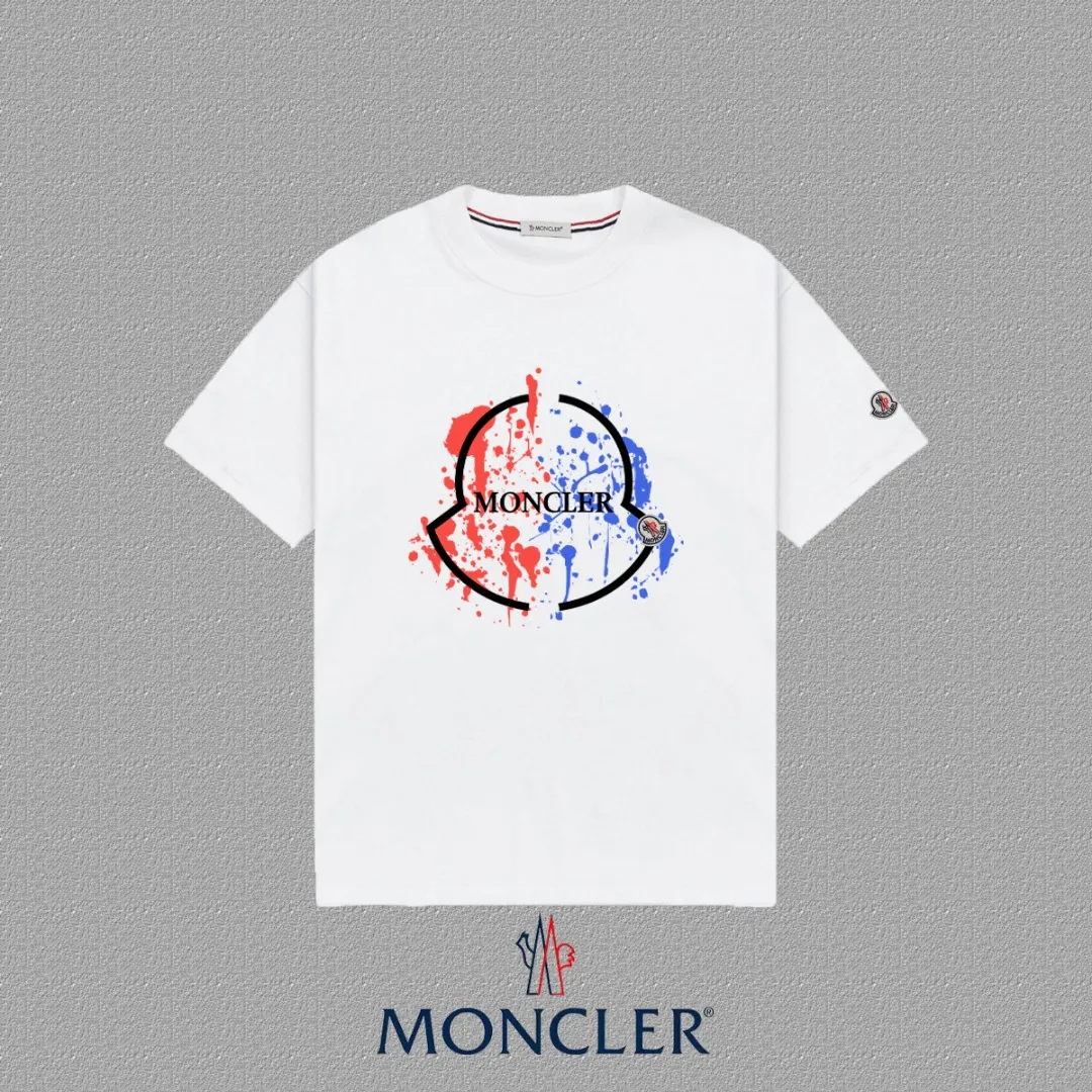 P140 🔥 [MONCLER] 2025FW short-sleeved T-shirt with badge + LOGO, high-end 26s double yarn 300g fabric, heavy fabric, custom stretcher rib, same vat and dye, complete three standards, same style for men and women, color: black, white, size: S M L XL 2XL