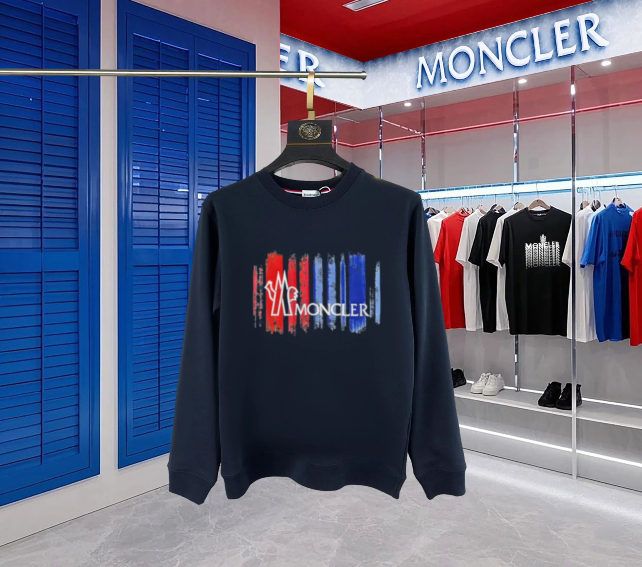 P210 High-version sweatshirt) [Long-term stock] 〖𝐌𝐎𝐍𝐂𝐋𝐄𝐑~Mask〗 Made of 440g heavy-weight fabric. It is different from the market currency. It can be matched with any variety and is properly handsome. 😎The whole dress is made of double waistcoats. The double waistcoats make the whole dress more three-dimensional. Not ordinary factories can do such fine work. 2025 Spring runway version of the T stage, on sale at the counter, round neck terry sweatshirt, high-end double-strand pure cotton, custom-made stretch ribs, dyed in the same vat, complete with three standards, matched with exquisite embroidered LOGO on the chest, simple and advanced, same style for men and women. Color: black, apricot, white, size: S M L XL 2XL