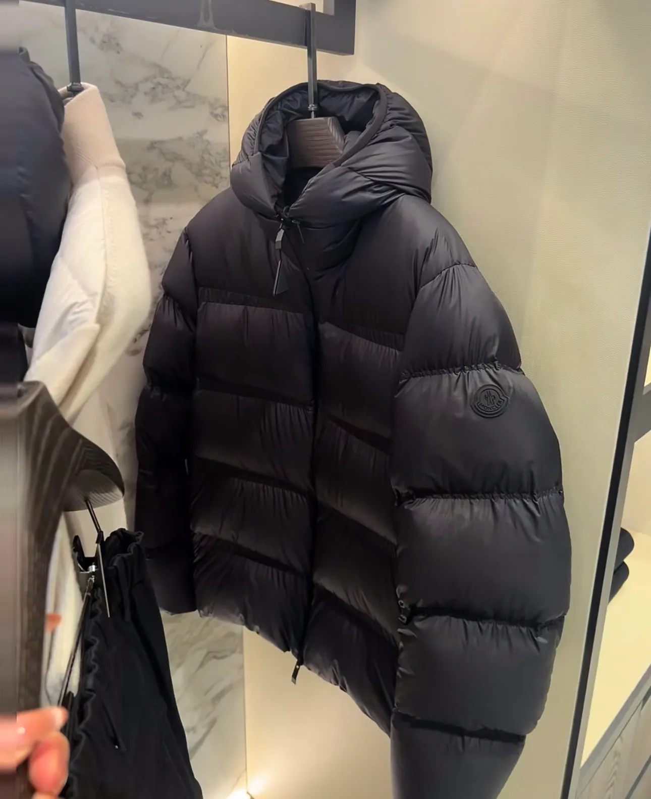 P900 Moncler Masac men's short down jacket. Real shot display at the counter.