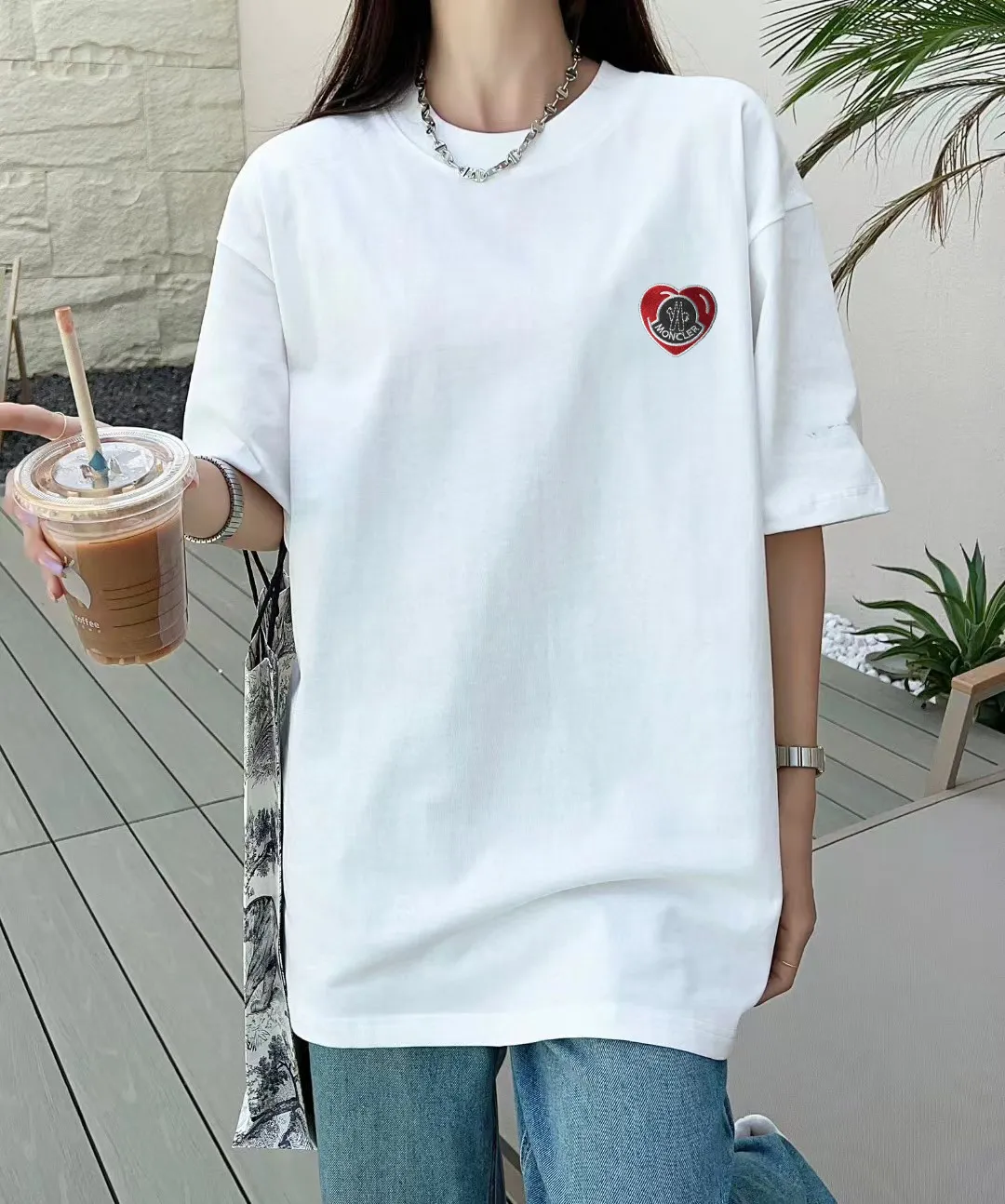 P150 🔥[MONCLER] 2024FW short-sleeved T-shirt, love embroidery technology, high-end 32s double yarn 260g fabric, heavy fabric, custom stretcher rib, same vat and dye, complete three standards, same style for men and women, color: black, white, size: S M L XL XXL