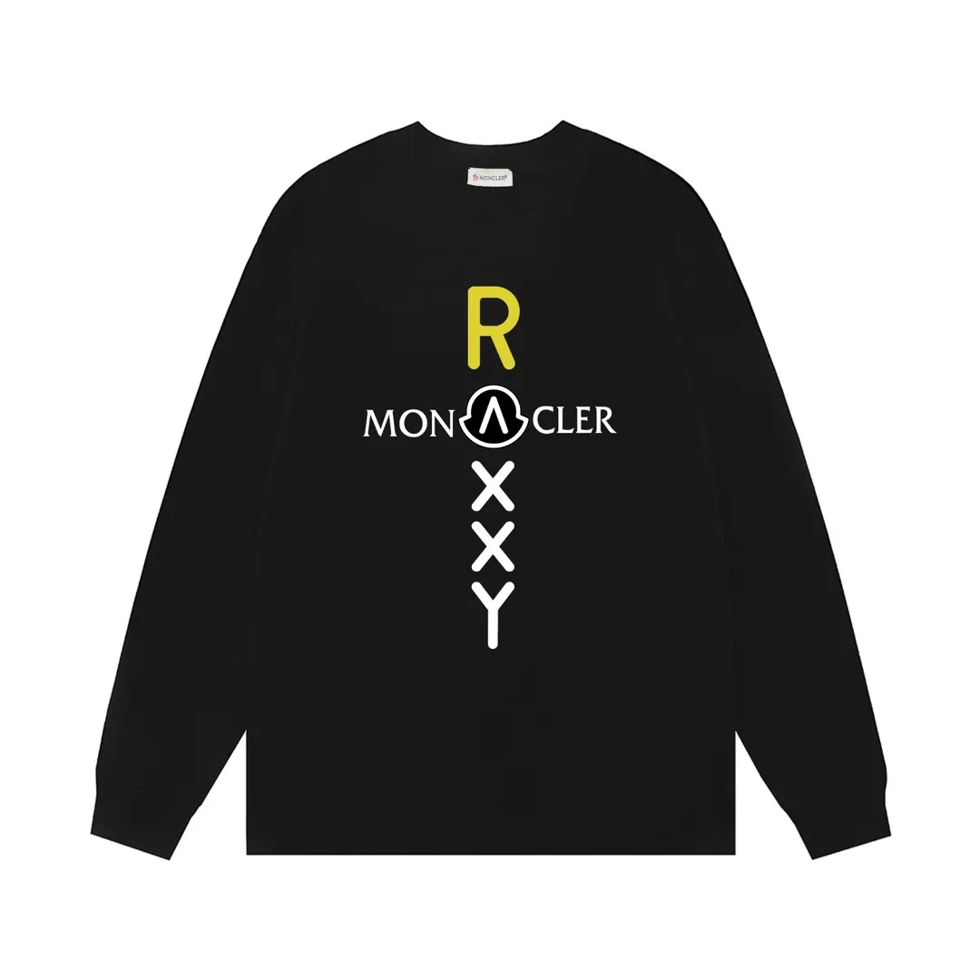 P170 Moncler 2025 new model, light luxury, cross printed letter logo, same style for men and women, long-sleeved T-shirt ·Customized 300g 100% double yarn pure cotton fabric ·Dyeing 32 count double-strand thread ·Collar label, hangtag, main mark and three labels complete Color: Black Size: XS S M L