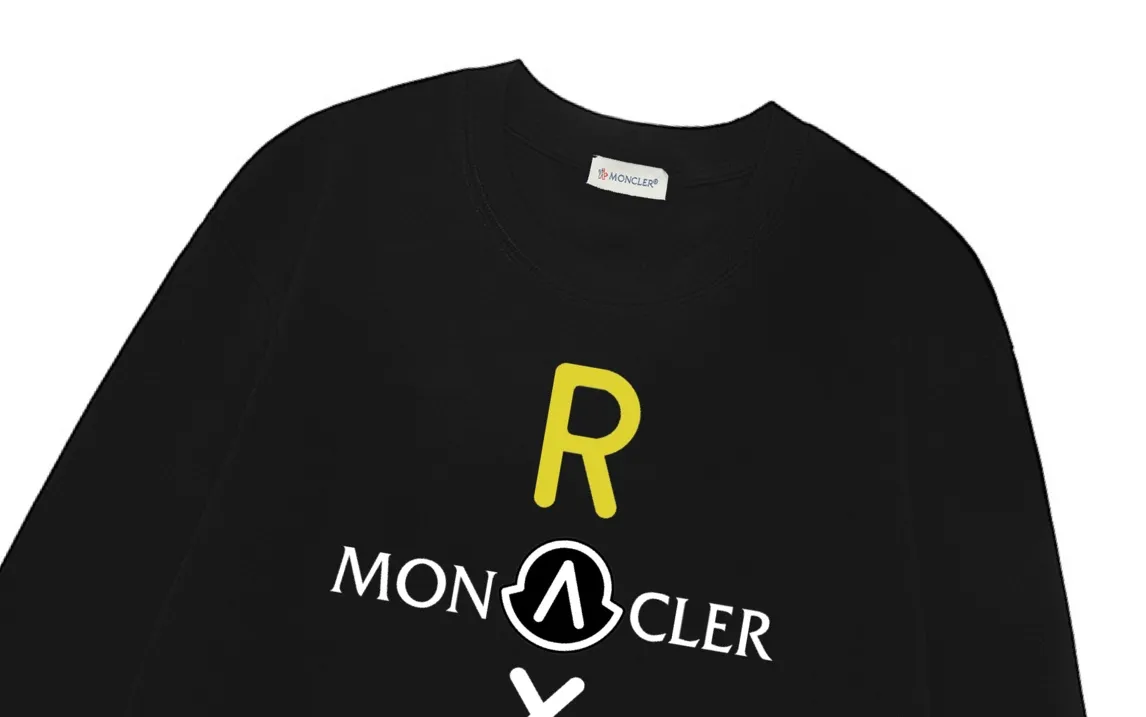 P170 Moncler 2025 new model, light luxury, cross printed letter logo, same style for men and women, long-sleeved T-shirt ·Customized 300g 100% double yarn pure cotton fabric ·Dyeing 32 count double-strand thread ·Collar label, hangtag, main mark and three labels complete Color: Black Size: XS S M L