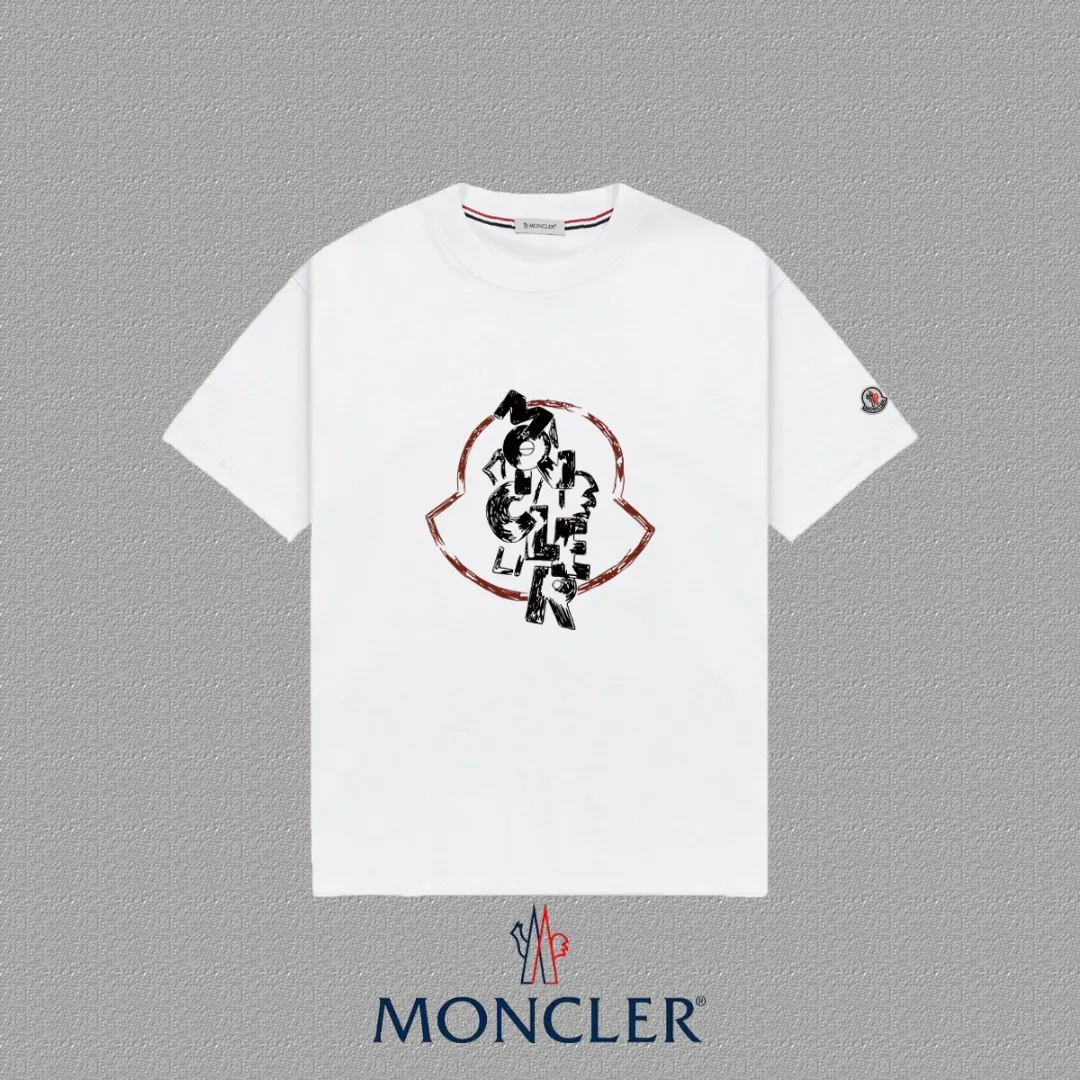 P140 🔥[MONCLER] 2025FW short-sleeved T-shirt, badge + LOGO printing, high-end 26s double yarn 300g fabric, heavy fabric, custom stretcher rib, same vat and dye, complete three standards, same style for men and women, color: black, white, size: S M L XL 2XL