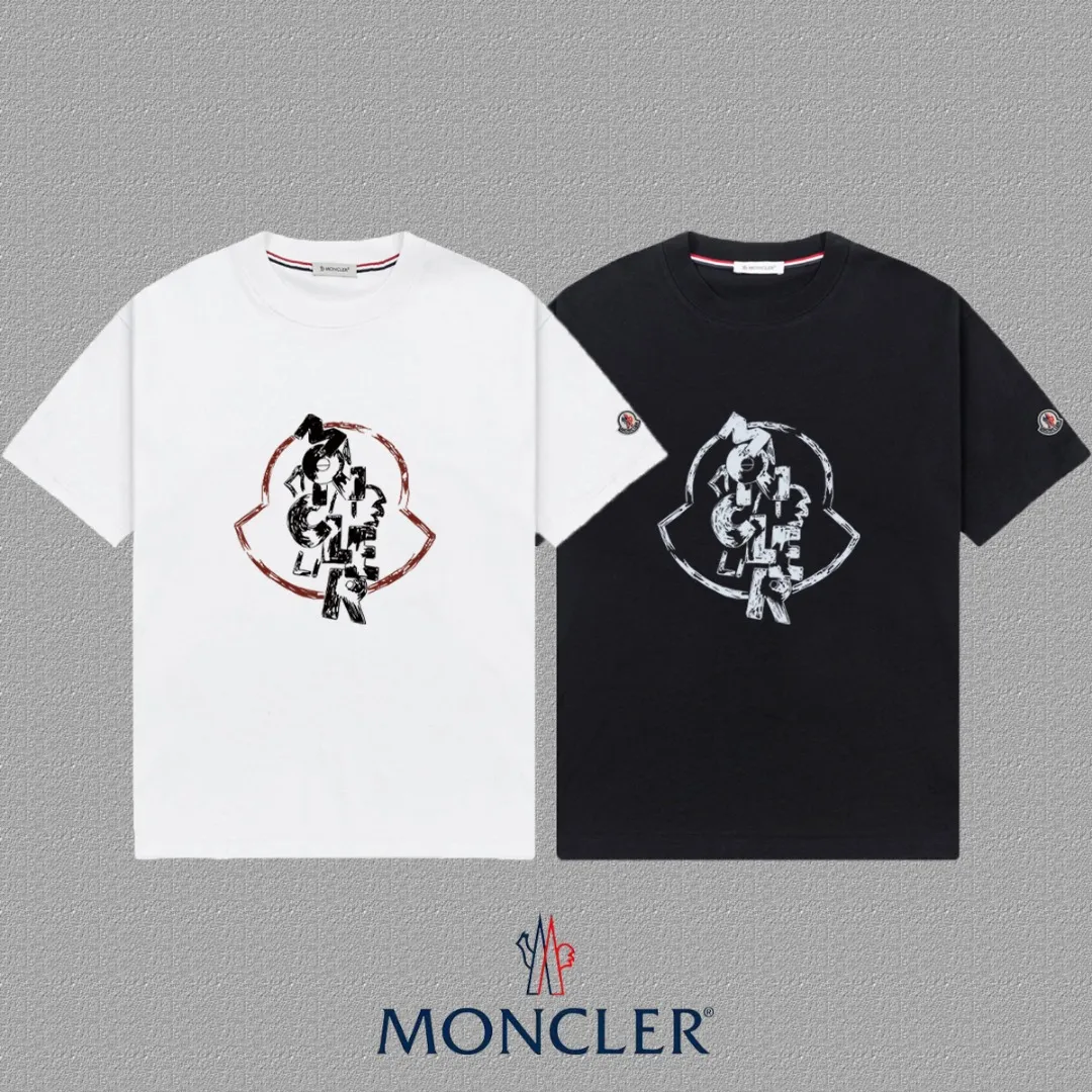 P140 🔥[MONCLER] 2025FW short-sleeved T-shirt, badge + LOGO printing, high-end 26s double yarn 300g fabric, heavy fabric, custom stretcher rib, same vat and dye, complete three standards, same style for men and women, color: black, white, size: S M L XL 2XL