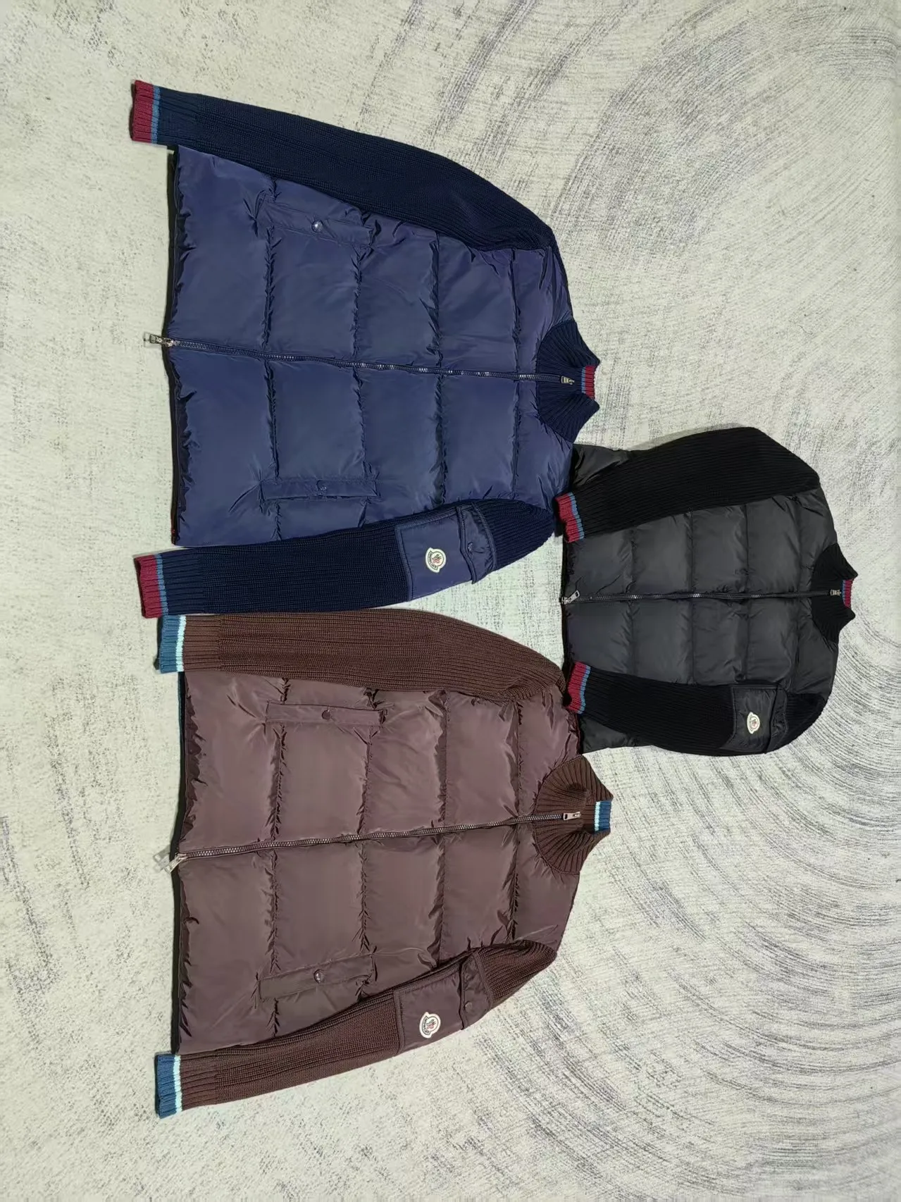 P800 Moncler Moncler three-color stand-up collar zipper splicing down knitted cardigan jacket