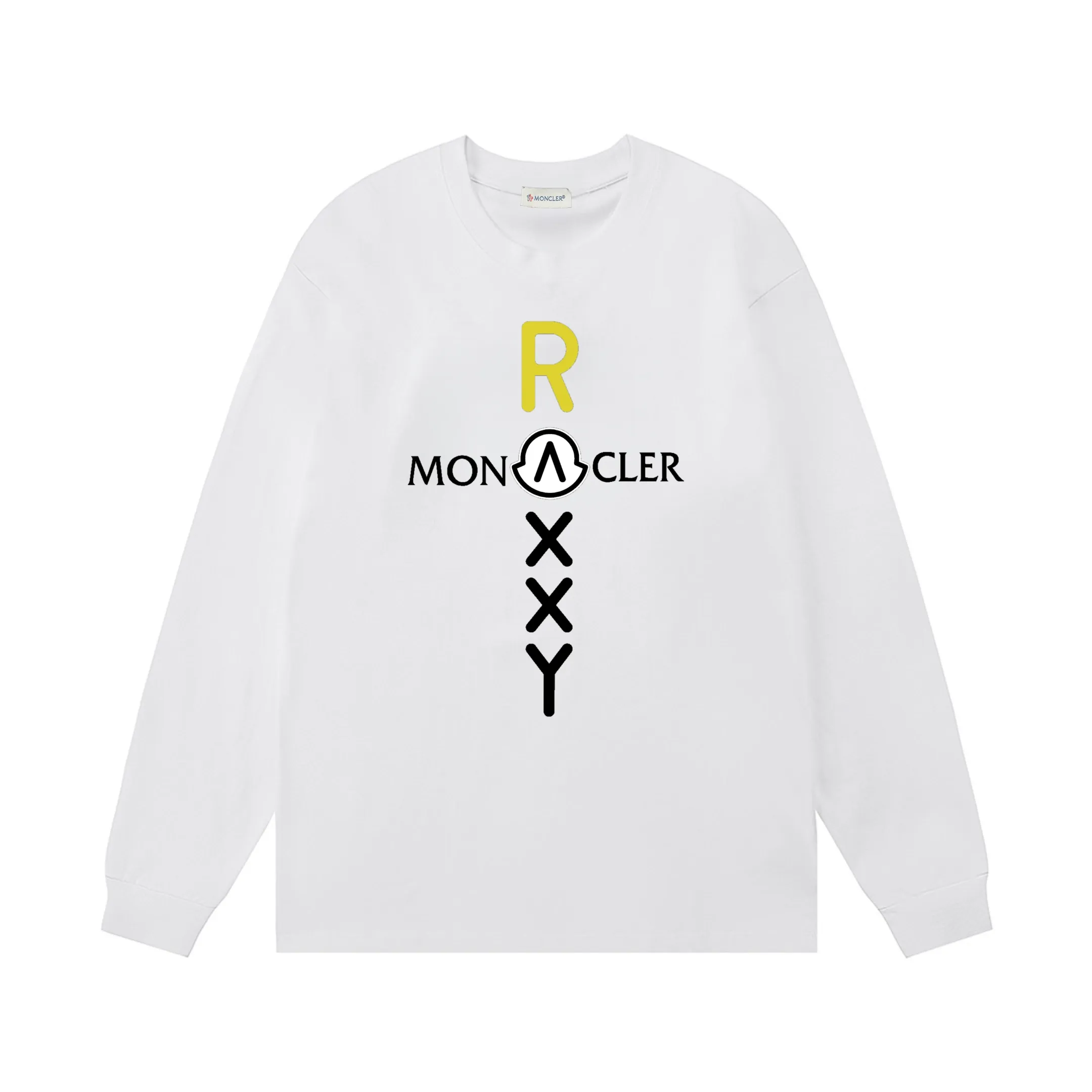 P170 Moncler 2025 new model, light luxury, cross printed letter logo, same style for men and women, long-sleeved T-shirt ·Customized 300g 100% double yarn pure cotton fabric ·Dyeing 32 count double-strand thread ·Collar label, hangtag, main mark and three labels complete Color: White Size: XS S M L