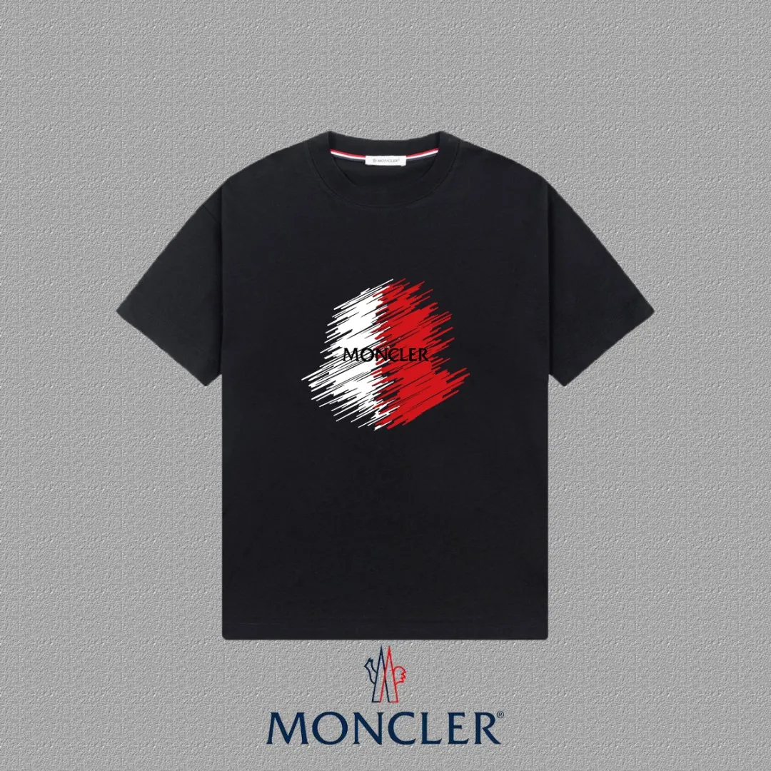 P140 [MONCLER] 2025FW short-sleeved T-shirt, LOGO printing, high-end 26s double yarn 300g fabric, heavy fabric, custom stretcher rib, same vat and dye, three standard complete, same style for men and women, color: black, white, size: S M L XL 2XL