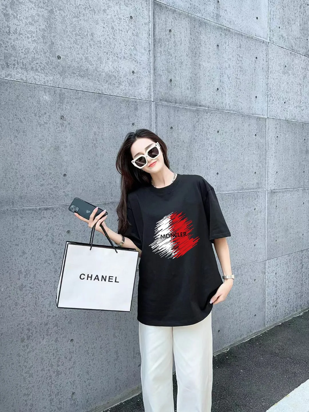 P140 [MONCLER] 2025FW short-sleeved T-shirt, LOGO printing, high-end 26s double yarn 300g fabric, heavy fabric, custom stretcher rib, same vat and dye, three standard complete, same style for men and women, color: black, white, size: S M L XL 2XL