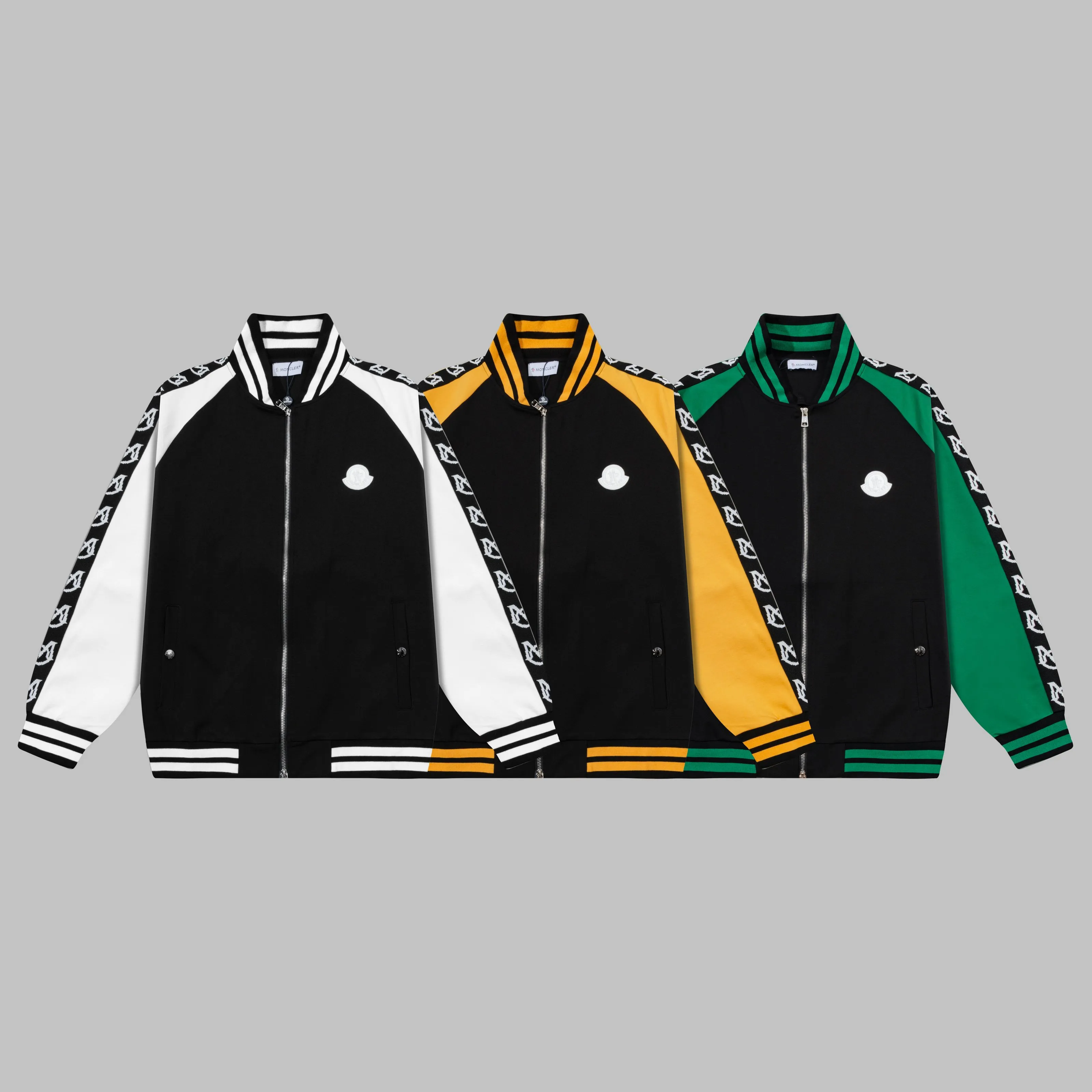 P270 MONCLER/Mask Custom fabric suit zipper jacket Color block design embroidered micro-label LOGO hand sleeve webbing technology Official synchronization High version High quality Fashion personality Versatile trend Pure original quality Original fabric Hang tag Collar label Washed wheat Complete three standards Color: black and white. Black green. Black yellow. Size: S-2XL