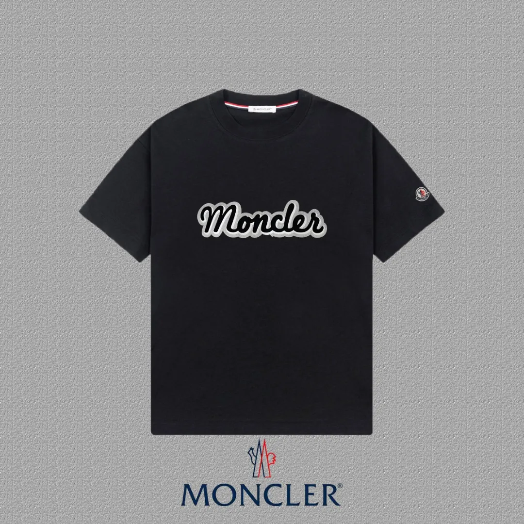 P140 [MONCLER] 2025FW short-sleeved T-shirt, badge + LOGO printing, high-end 26s double yarn 300g fabric, heavy fabric, custom stretch rib, same cylinder and dye, complete three standards, same style for men and women, color: black, white, size: S M L XL 2XL