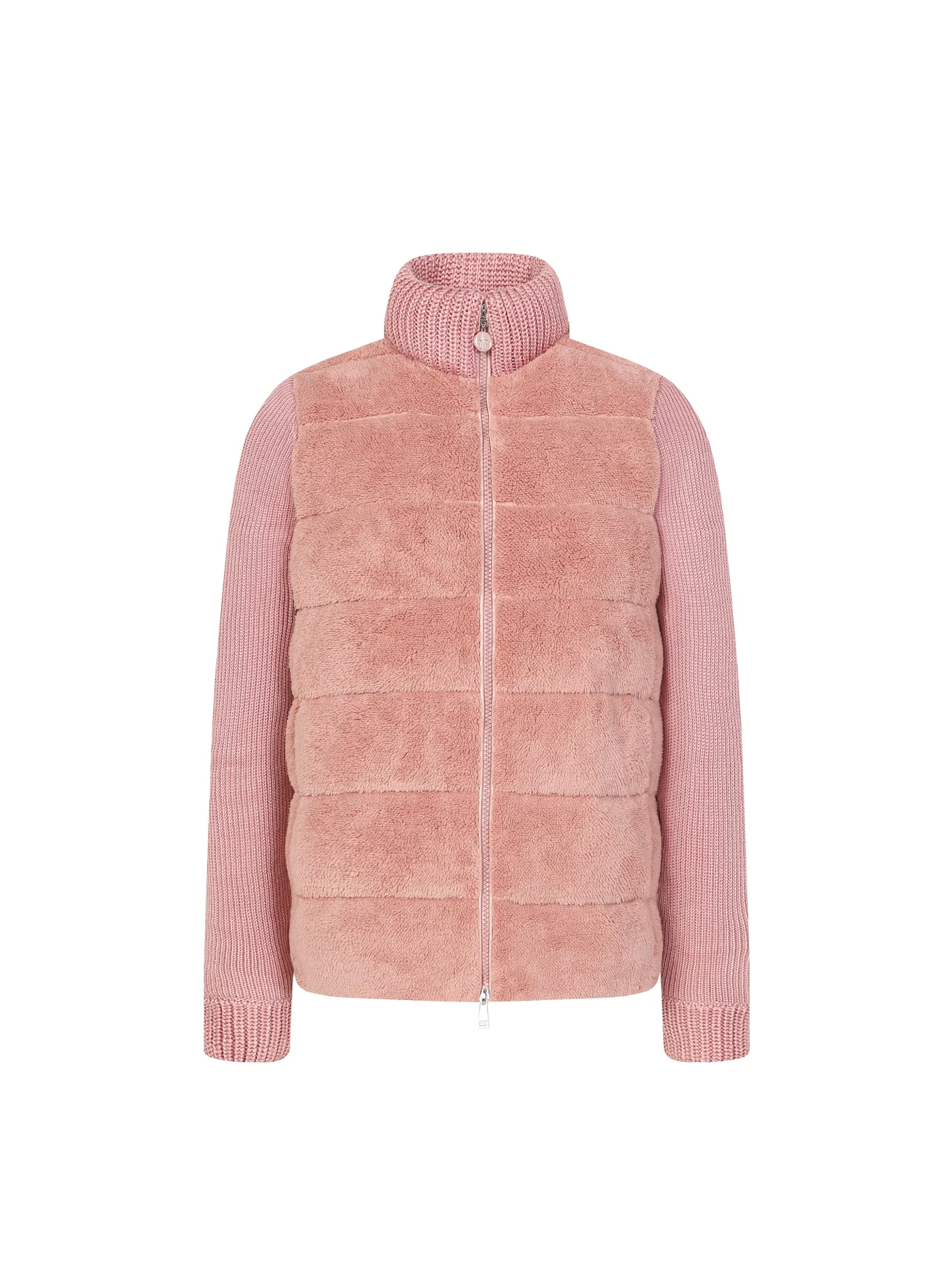 P640 Women's Style] Moncler/Moncler Women's Teddy Teddy Velvet Splicing Knitted Cardigan This cardigan is made of wool and teddy velvet style fabrics, providing a soft and comfortable wearing experience. Midweight knitted piece with down-filled front and back that can easily be worn as a outer layer in warmer weather. Color: white/pink/grey Size: SML