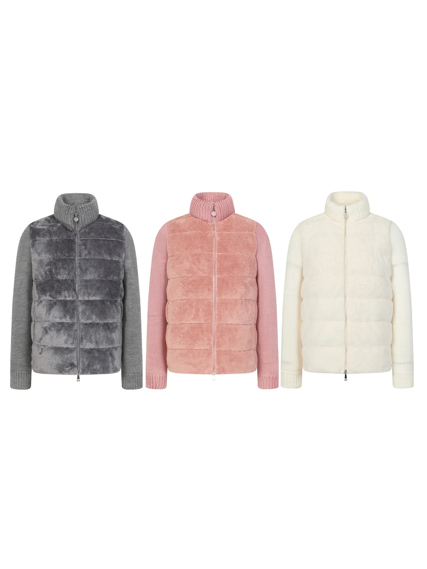 P640 Women's Style] Moncler/Moncler Women's Teddy Teddy Velvet Splicing Knitted Cardigan This cardigan is made of wool and teddy velvet style fabrics, providing a soft and comfortable wearing experience. Midweight knitted piece with down-filled front and back that can easily be worn as a outer layer in warmer weather. Color: white/pink/grey Size: SML