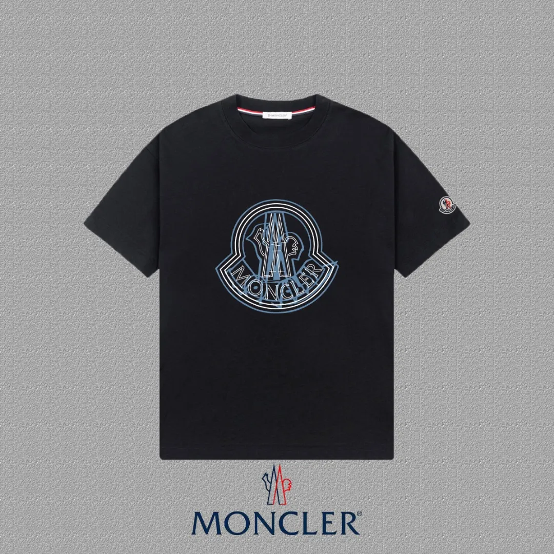 P140 [MONCLER] 2025FW short-sleeved T-shirt, LOGO printing, high-end 26s double yarn 300g fabric, heavy fabric, custom stretcher rib, same vat and dye, three standard complete, same style for men and women, color: black, white, size: S M L XL 2XL