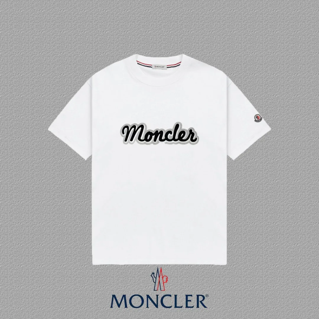 P140 [MONCLER] 2025FW short-sleeved T-shirt, badge + LOGO printing, high-end 26s double yarn 300g fabric, heavy fabric, custom stretch rib, same cylinder and dye, complete three standards, same style for men and women, color: black, white, size: S M L XL 2XL