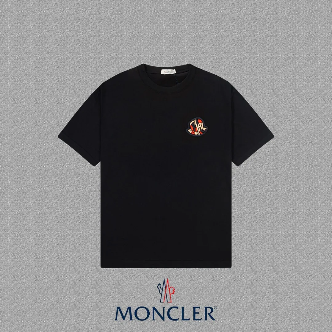 P150 [MONCLER] 2024FW short-sleeved T-shirt, embroidery technology, high-end 32s double yarn 260g fabric, heavy fabric, custom stretcher rib, same vat and dye, complete three standards, same style for men and women, color: black, white, size: S M L XL XXL