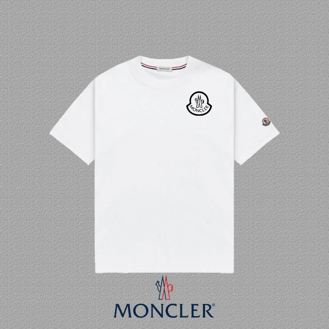 P140 [MONCLER] 2025FW short-sleeved T-shirt, badge + LOGO thick plate, high-end 26s double yarn 300g fabric, heavy fabric, custom stretcher rib, same cylinder and dye, complete three standards, same style for men and women, color: black, white, size: S M L XL 2XL