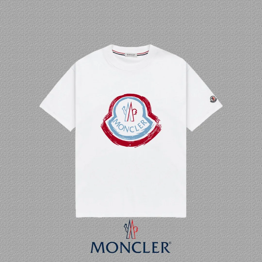 P140 🔥 [MONCLER] 2025FW short-sleeved T-shirt LOGO printing, high-end 26s double yarn 300g fabric, heavy fabric, custom stretcher rib, same vat and dye, complete three standards, same style for men and women, color: black, white, size: S M L XL 2XL