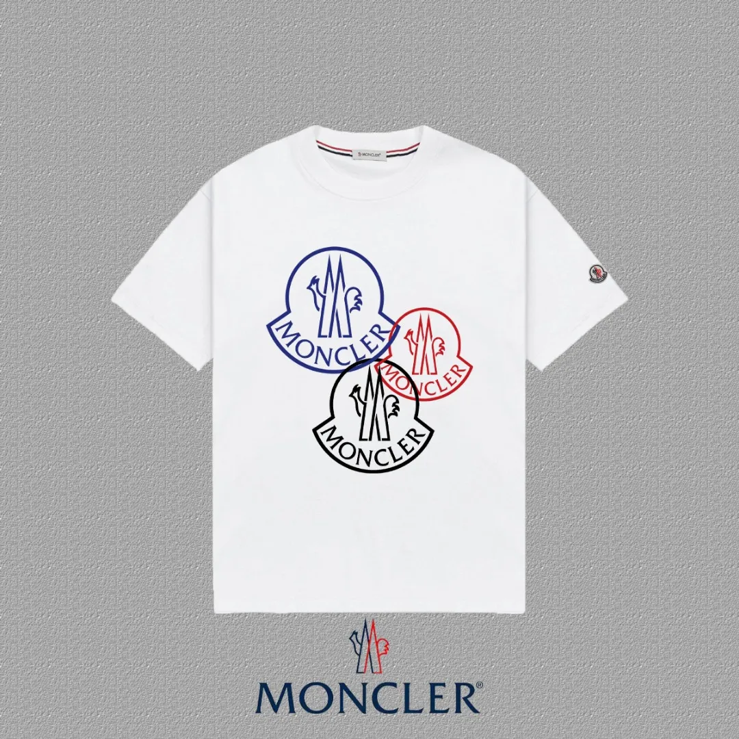 P140 [Moncler] 2025FW short-sleeved T-shirt LOGO printing, high-end 26s double yarn 300g fabric, heavy fabric, custom stretcher rib, same vat and dye, complete three standards, same style for men and women, color: black, white, size: S M L XL 2XL