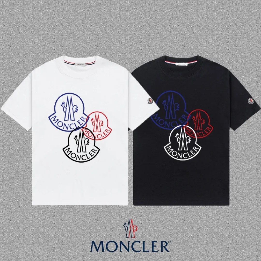 P140 [Moncler] 2025FW short-sleeved T-shirt LOGO printing, high-end 26s double yarn 300g fabric, heavy fabric, custom stretcher rib, same vat and dye, complete three standards, same style for men and women, color: black, white, size: S M L XL 2XL
