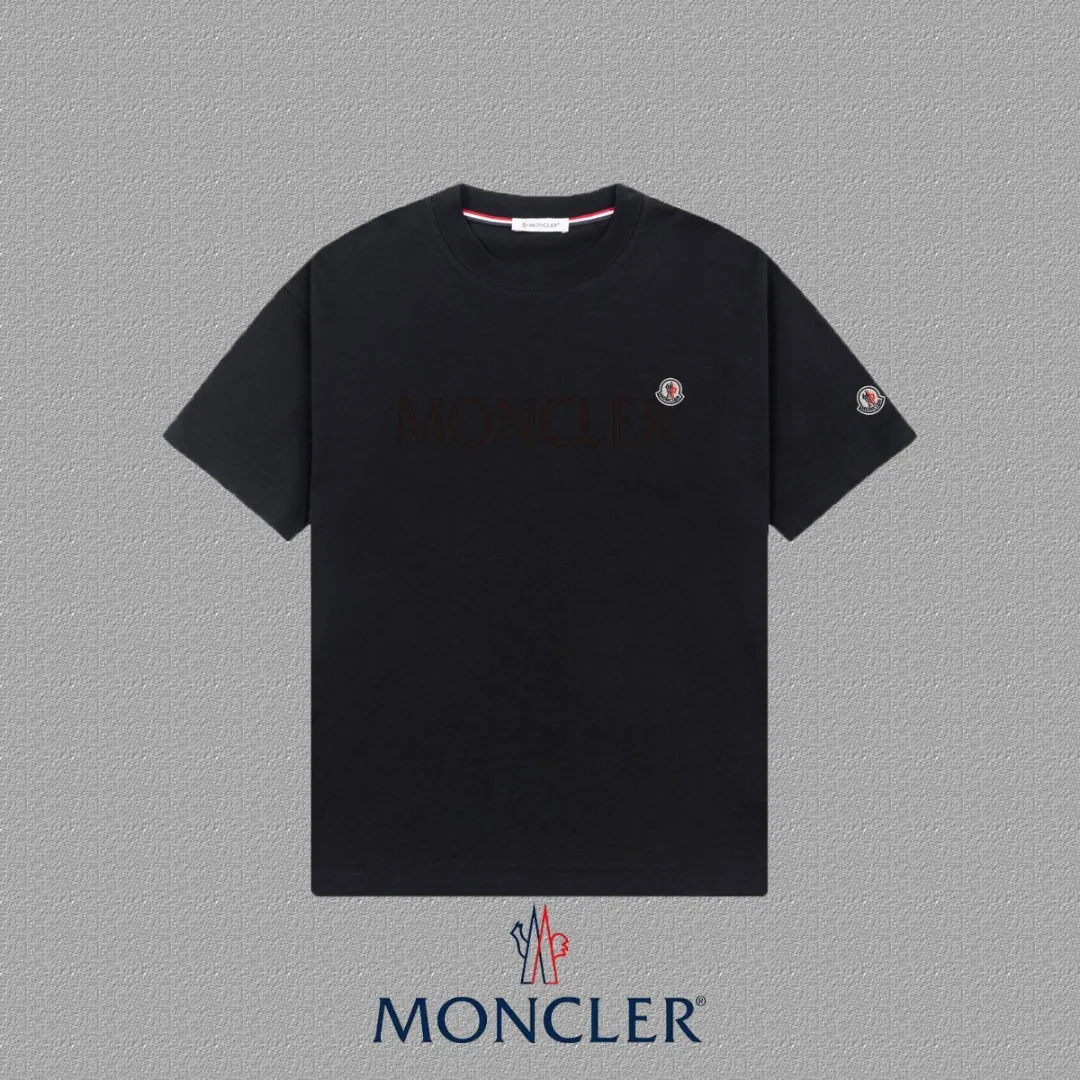 P140 [MONCLER] 2025FW short-sleeved T-shirt, badge + flocking LOGO, high-end 26s double yarn 300g fabric, heavy fabric, custom stretcher rib, same cylinder and dye, complete three standards, same style for men and women, color: black, white, size: S M L XL 2XL