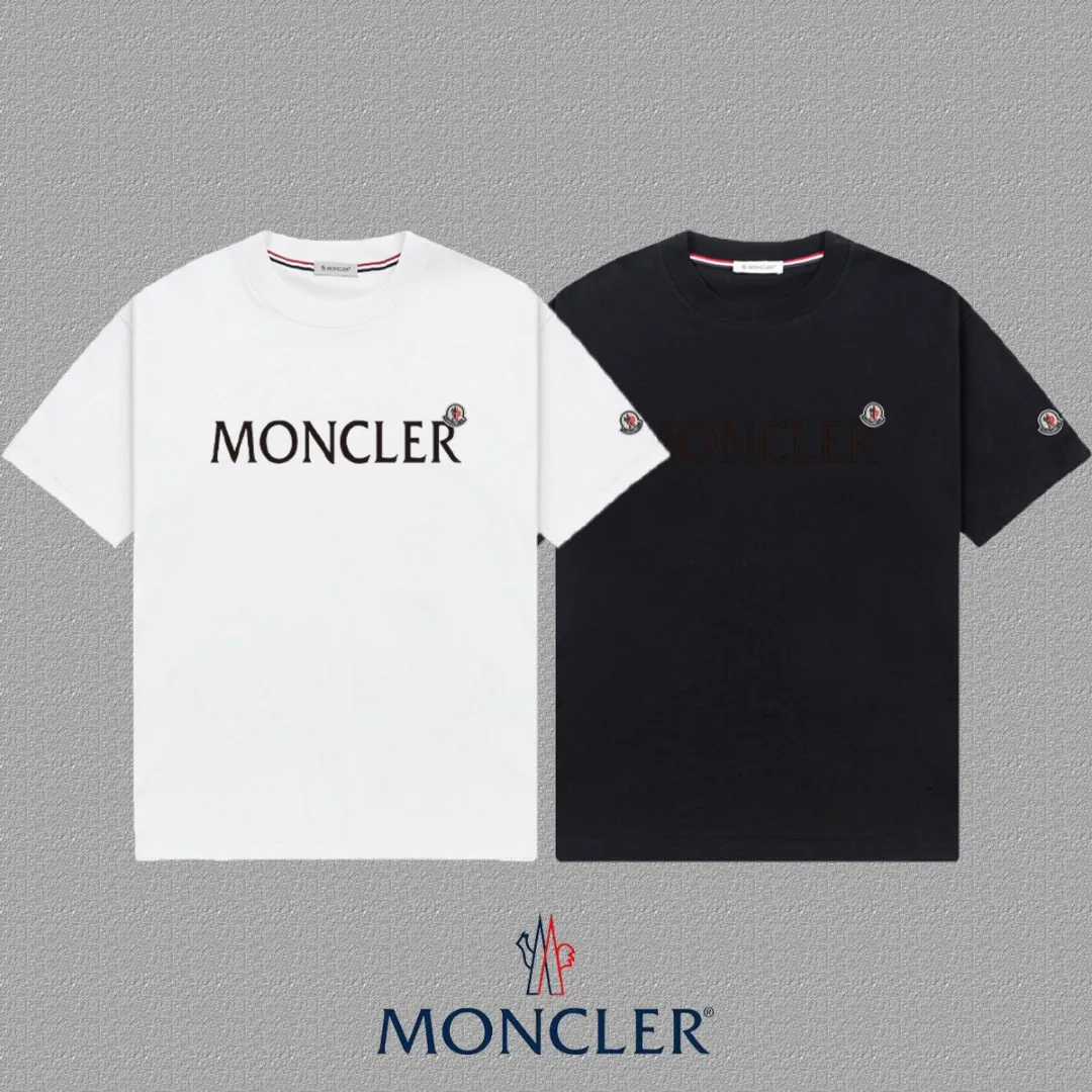 P140 [MONCLER] 2025FW short-sleeved T-shirt, badge + flocking LOGO, high-end 26s double yarn 300g fabric, heavy fabric, custom stretcher rib, same cylinder and dye, complete three standards, same style for men and women, color: black, white, size: S M L XL 2XL