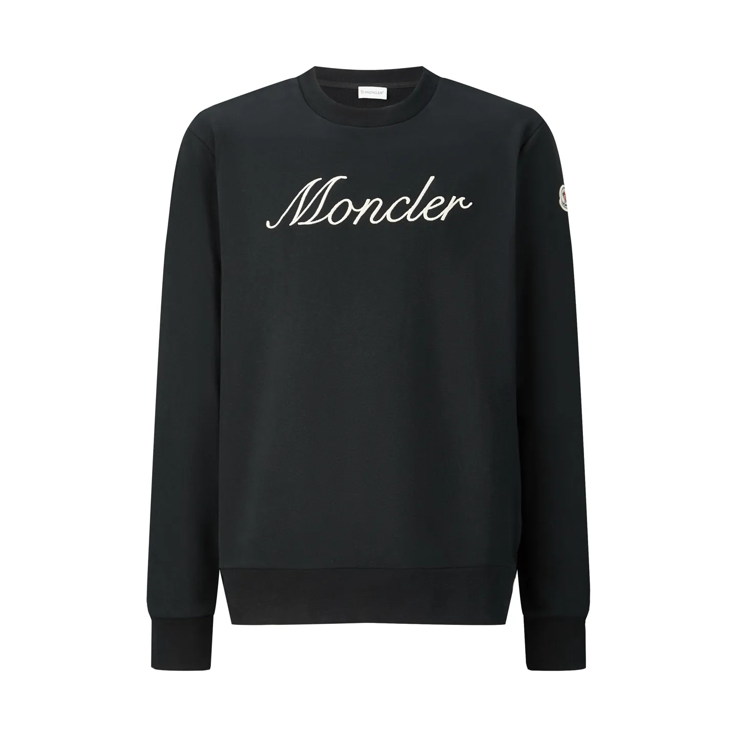 P360 exclusive supply] Moncler logo embroidered round neck sweatshirt (black) The fabric is made of 380g brushed sweatshirt terry, and the fabric is brushed to make the surface feel softer and smoother. The thread is matched with 1*1 double yarn thread. The embroidery uses 3D multi-dimensional embroidery, embellished with connected brand embroidered letters. The armband is made of sheepskin composite embroidery technology. Made from soft cotton fleece, this sweatshirt is suitable for all seasons. Round neck design, embellished with logo embroidery, inspired by college baseball uniforms. Crew neck in cotton fleece. Logo embossed and embroidered. Size:S-M-L-XL