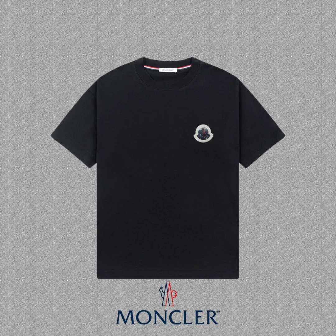 P140 [MONCLER] 2025FW short-sleeved T-shirt with badge + LOGO, high-end 26s double yarn 300g fabric, heavy fabric, custom stretcher rib, same cylinder and dye, complete three standards, same style for men and women, color: black, white, size: S M L XL 2XL