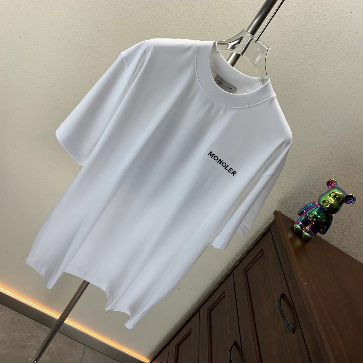 P180 MONCLER 2025 spring and summer new style, personalized denim embroidery, round neck short-sleeved T-shirt, fashionable men and women, S M L XL XXL five sizes black white