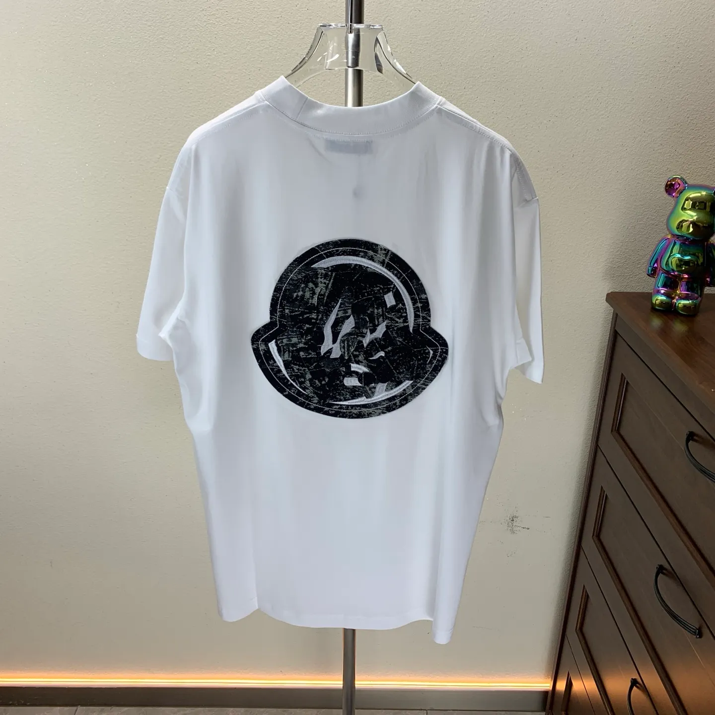 P180 MONCLER 2025 spring and summer new style, personalized denim embroidery, round neck short-sleeved T-shirt, fashionable men and women, S M L XL XXL five sizes black white
